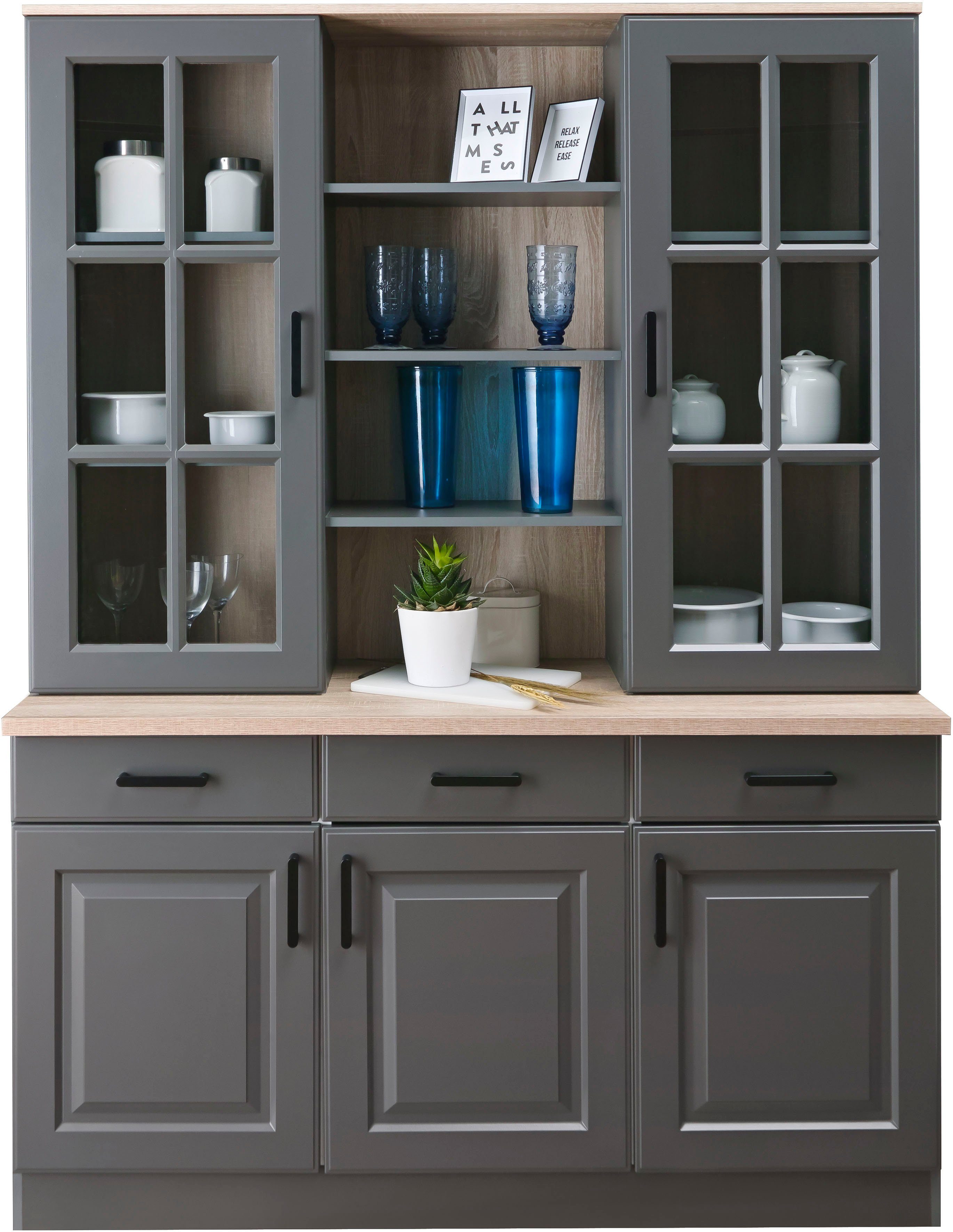 wiho Küchen Keukenbuffet Malmö 202 cm hoog met paneelfront voorraadkasten grijs