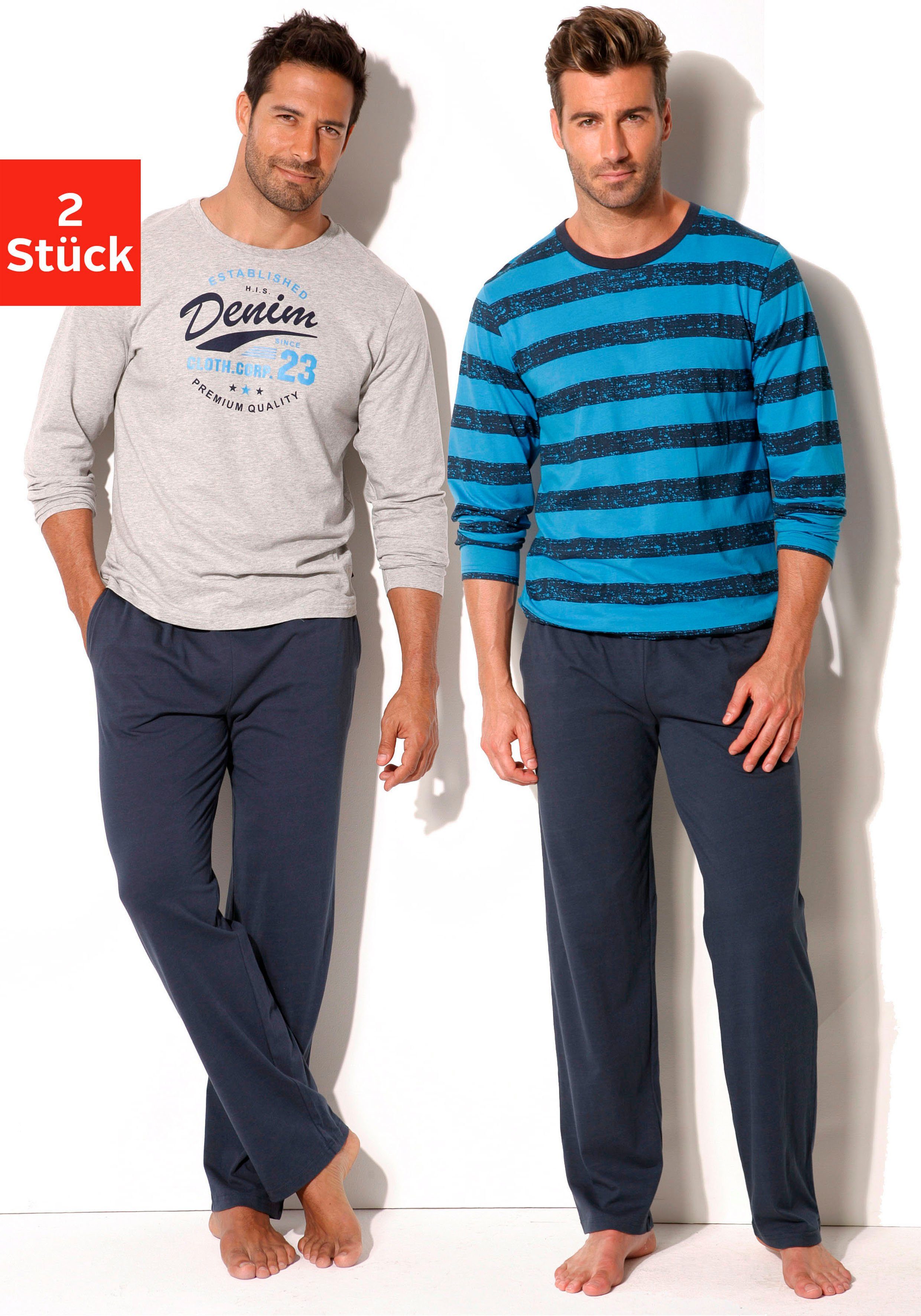 h.i.s pyjama bovenstukken met verschillende designs (4-delig, set van 2) blauw