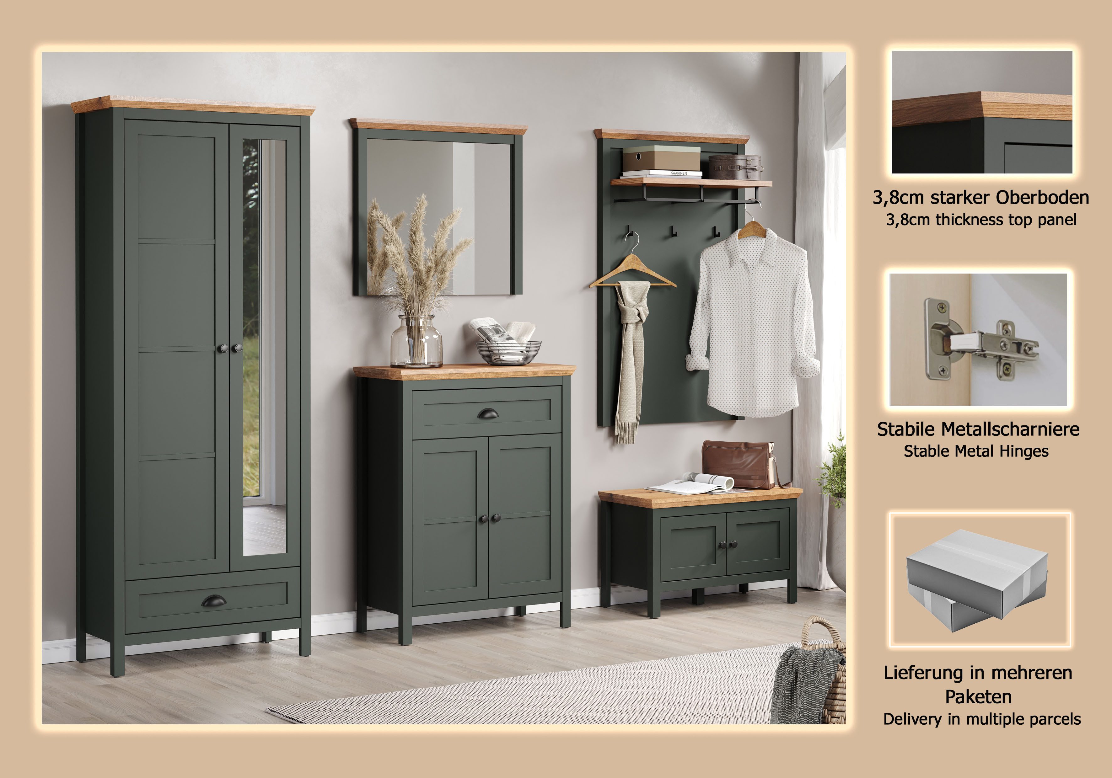 Home affaire Halmeubelset Vienna Set bestaande uit: kast, commode, schoenenbank, spiegel en paneel (5 stuks)