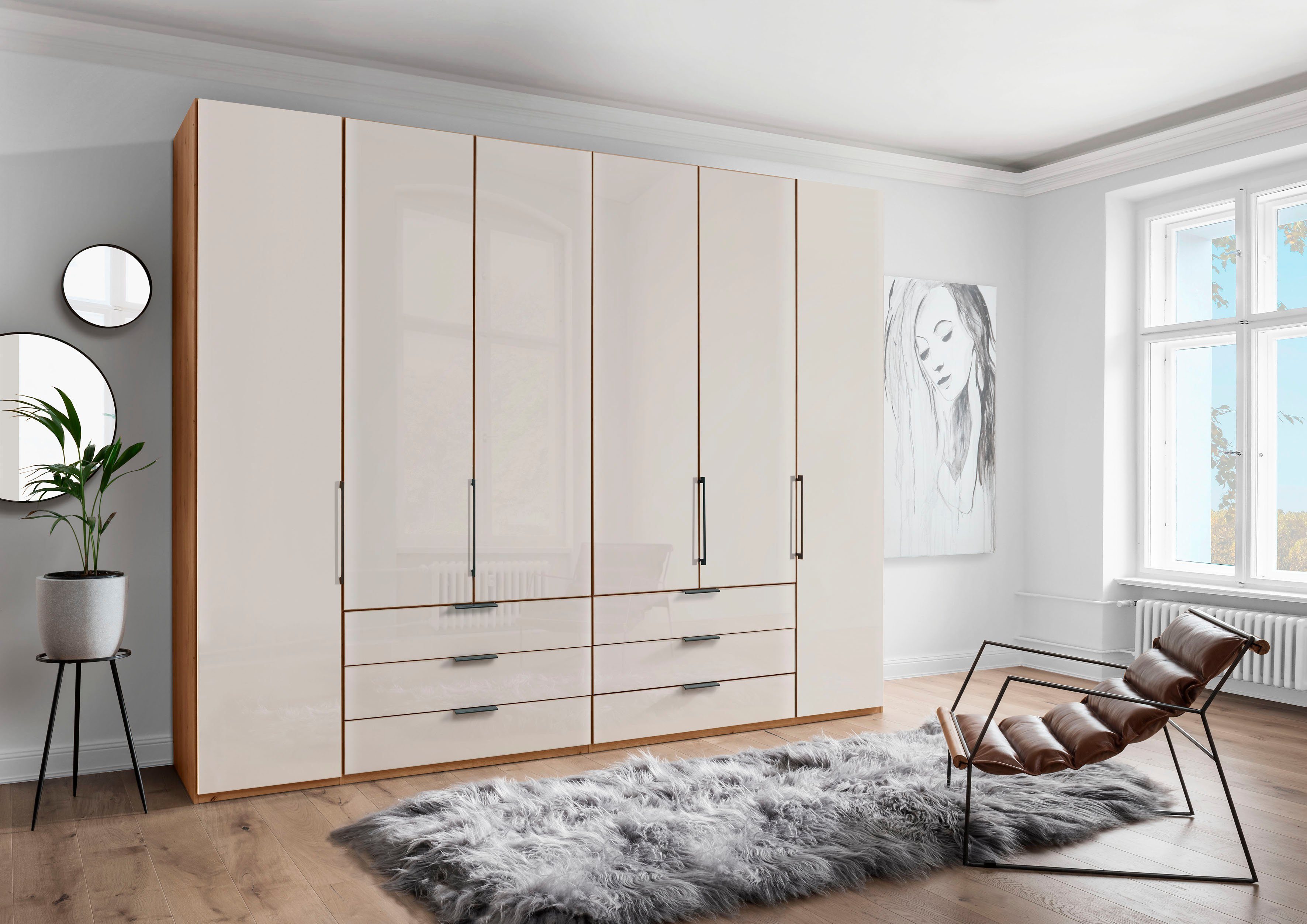 WIEMANN Draaideurkast Monaco met glazen front en hoogwaardig beslag inclusief demping kledingkasten maat 295,3 cm x 216 cm x 58 cm beige
