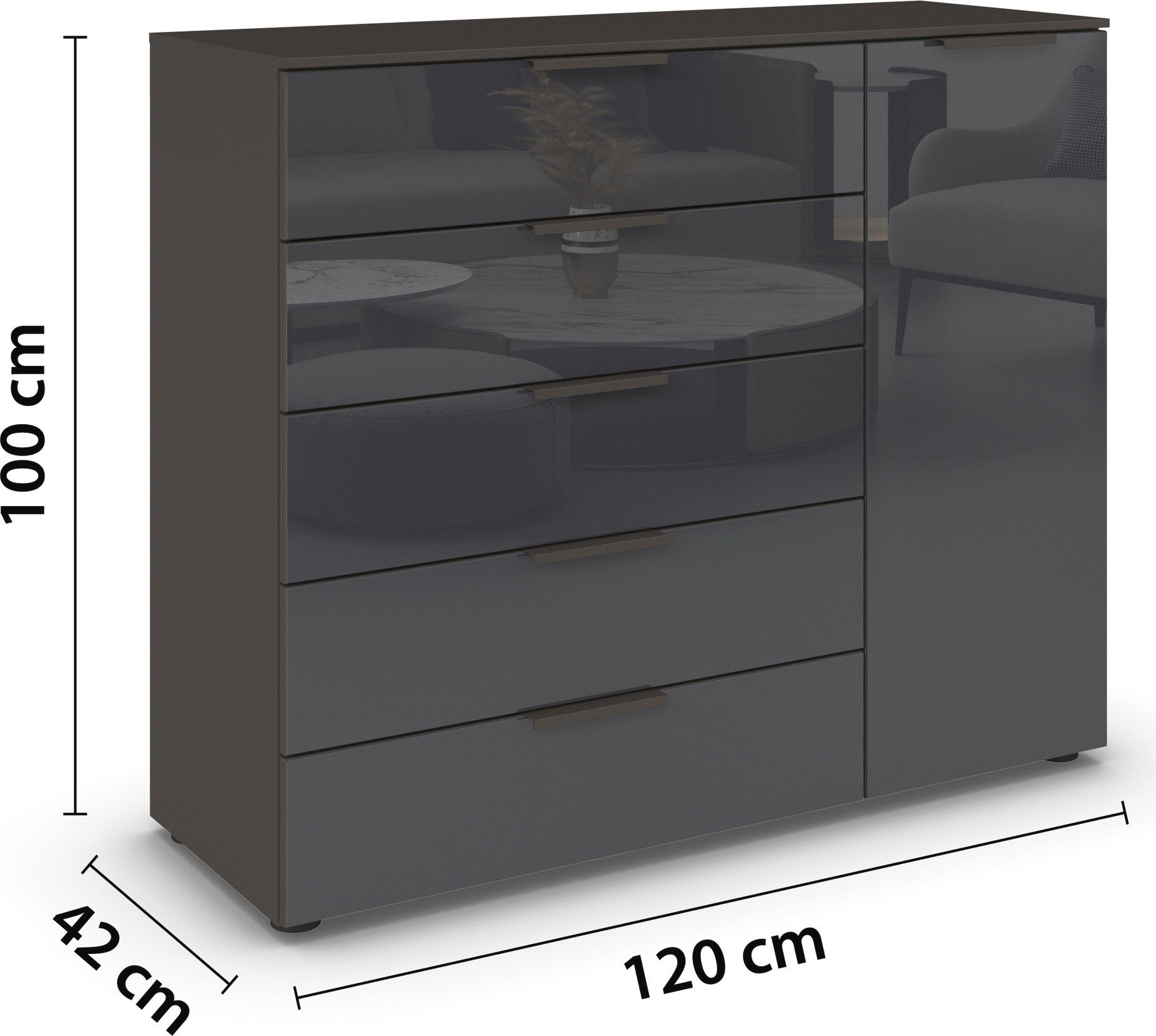 rauch Ladekast Flipp kast sideboard waskast 1-deurs, 5 laden met soft-close functie en glazen front