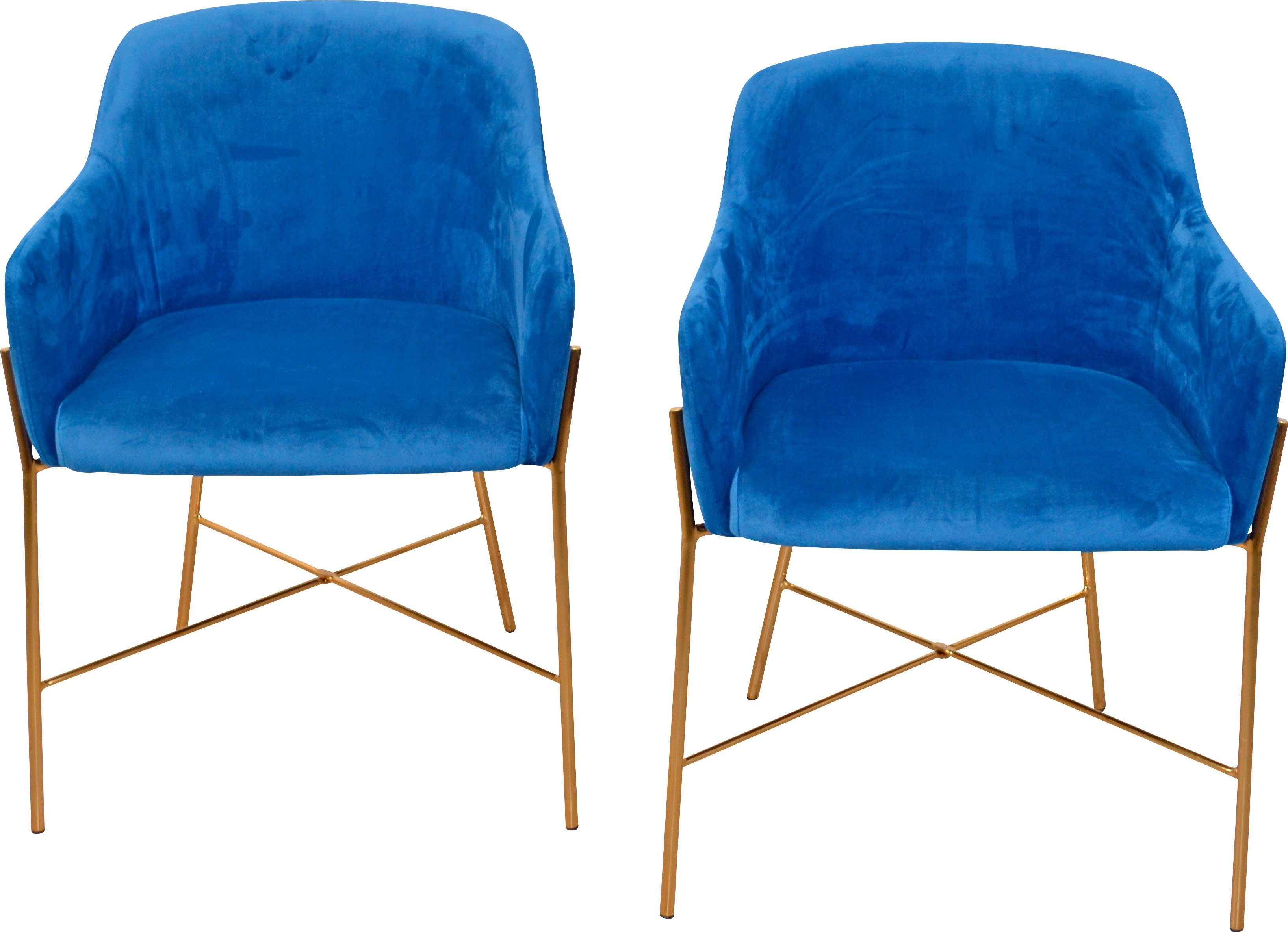 INOSIGN Stoel Fauteuil met frame van stalen buis, goudkleur, veloursovertrek (set, 2 stuks) 4 poot stoelen blauw