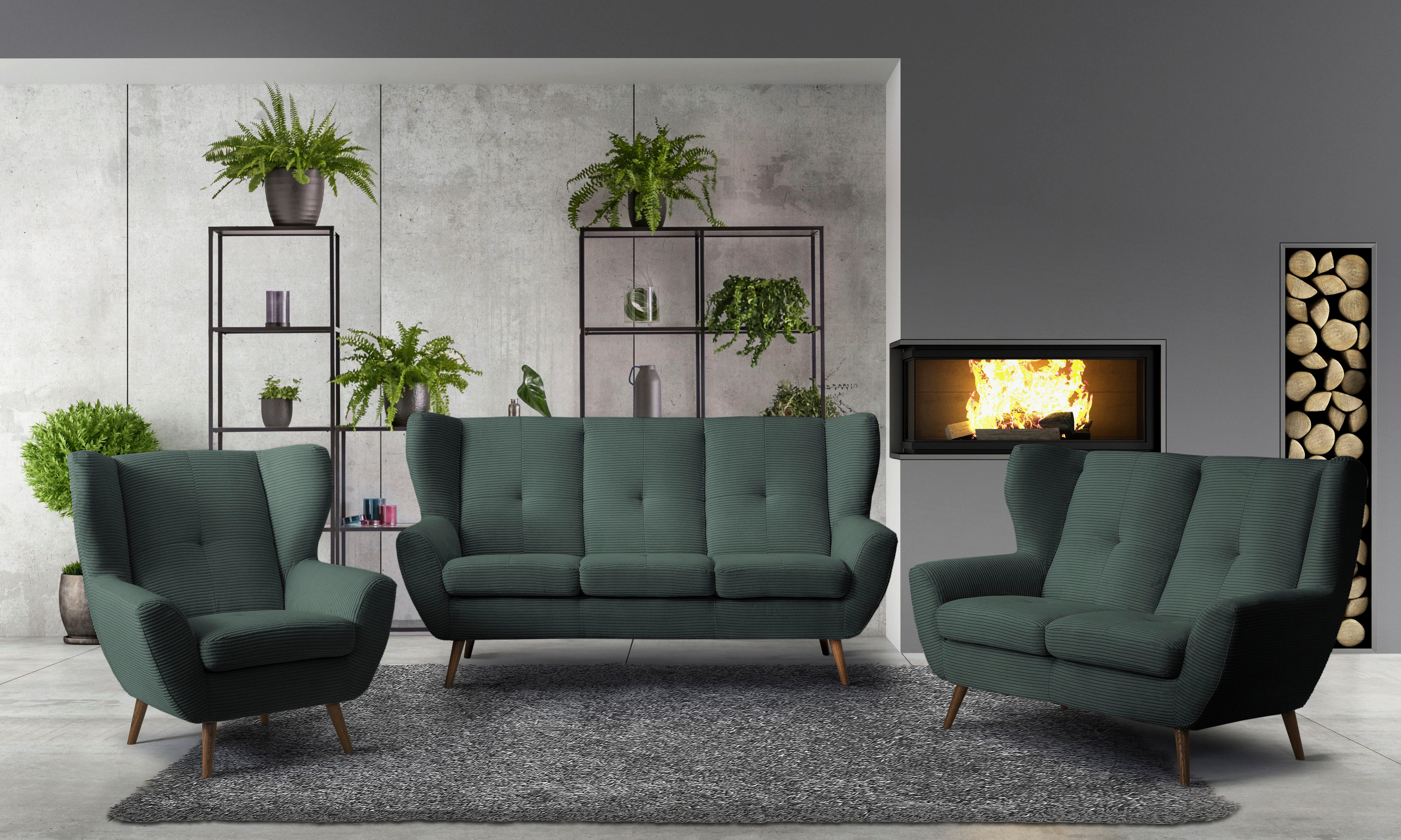 exxpo - sofa fashion 3-zitsbank ALVESTA, loungesofa, keukensofa, hoog zitcomfort, oorbacken sofa gezellige rugleuning, met knoopstiksels en hoge houten voeten, in cord