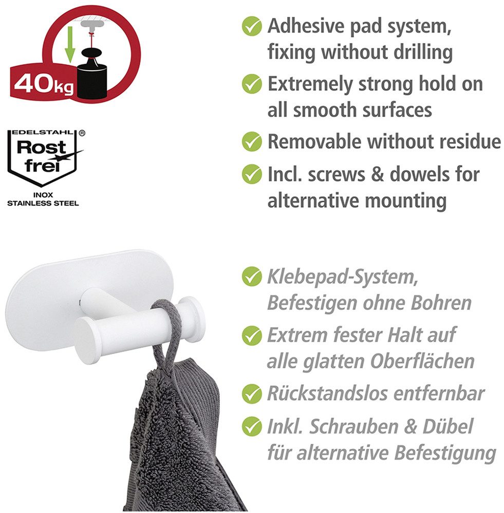 WENKO Dubbele haak Turbo-Loc® model Duo Orea van roestvrij staal voor handdoeken, bevestiging zonder boren