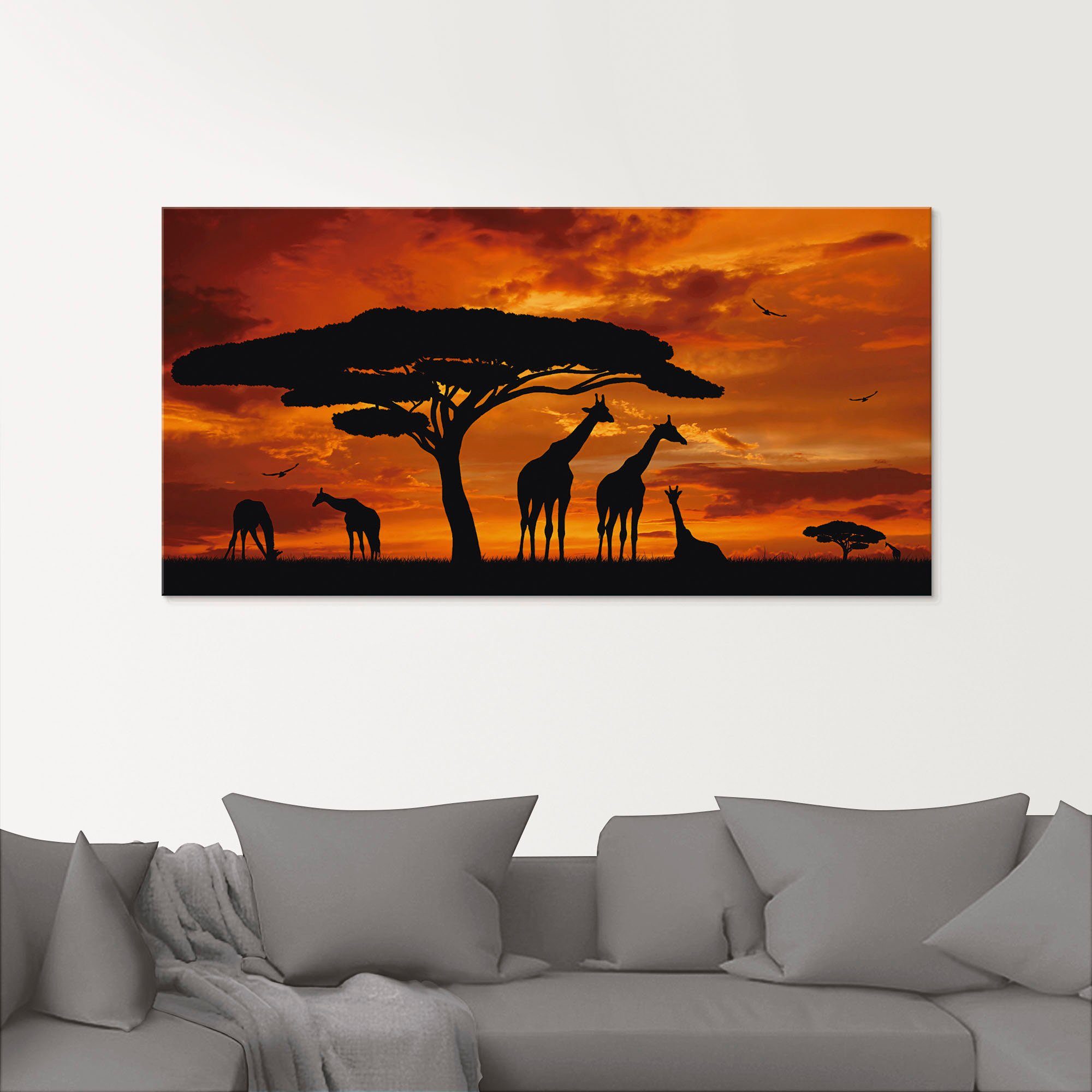 Artland Print op glas Kudde giraffen bij zonsondergang