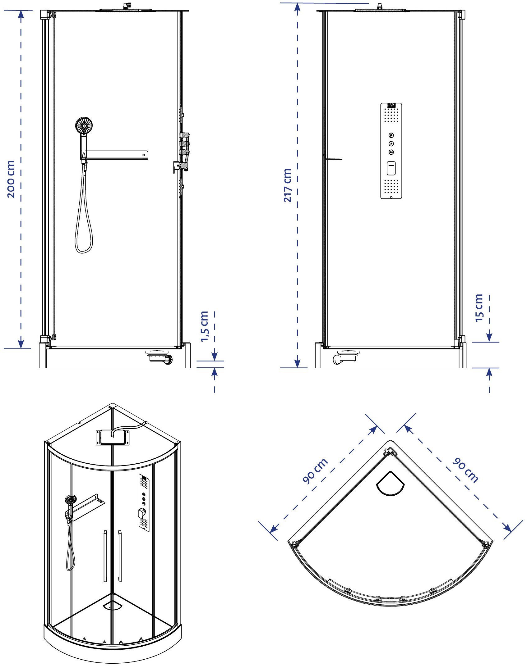 Marwell Complete douche White Round inclusief kranen, 90 cm x 90 cm