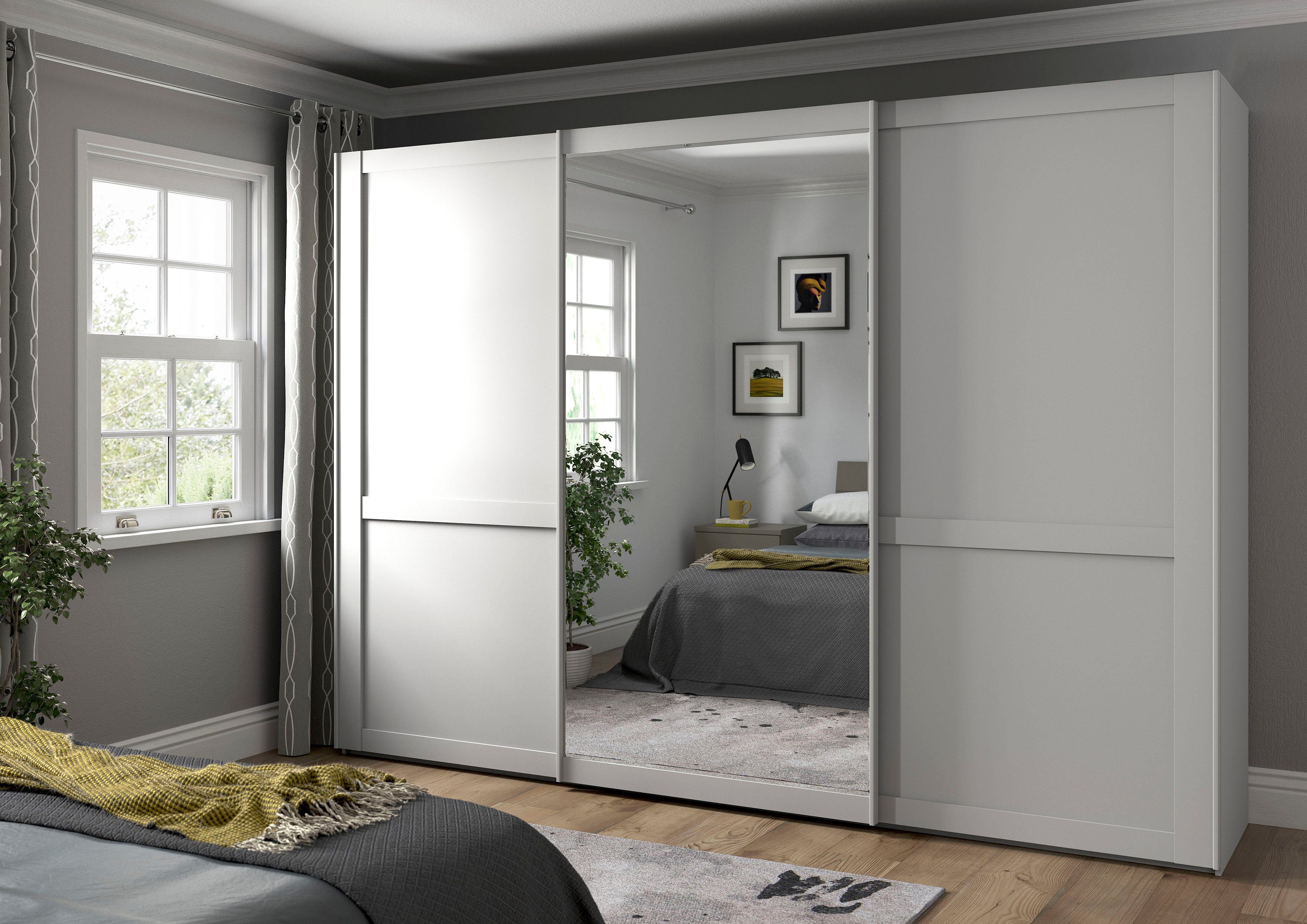 WIEMANN Zweefdeurkast Göteborg Horizontale strook en greeplijsten in rompkleurtint, inclusief spiegel