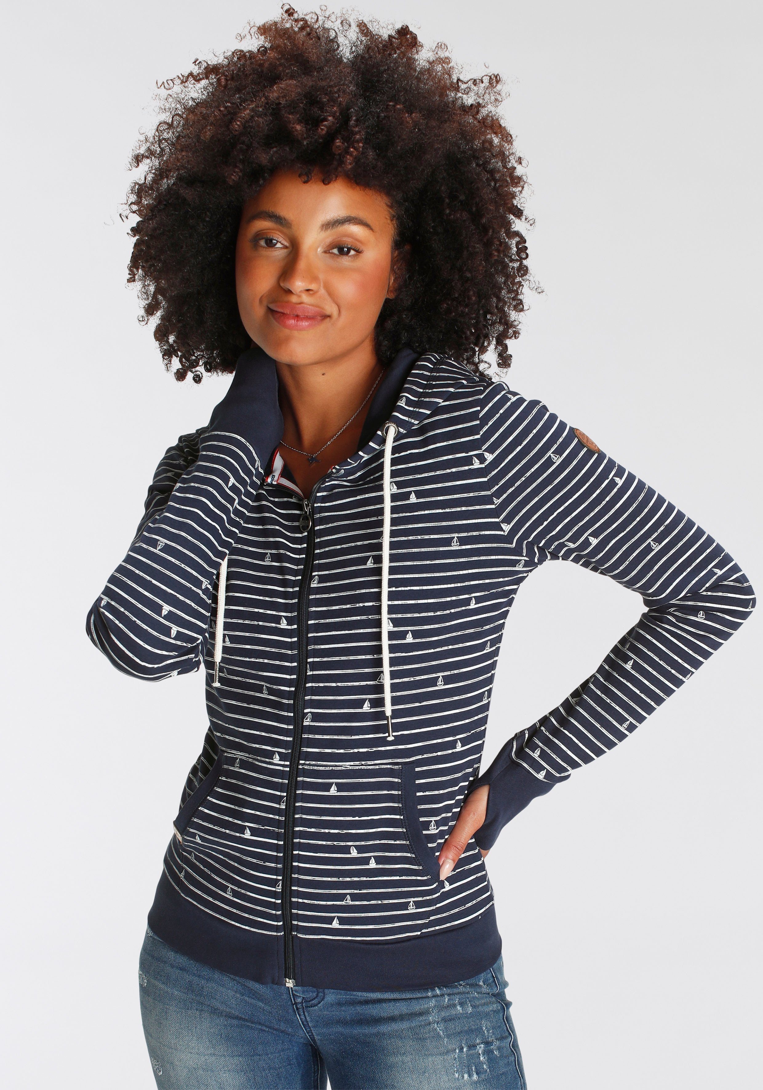 KangaROOS Capuchonsweatvest met maritieme print all-over van strepen en minimalistische schepen