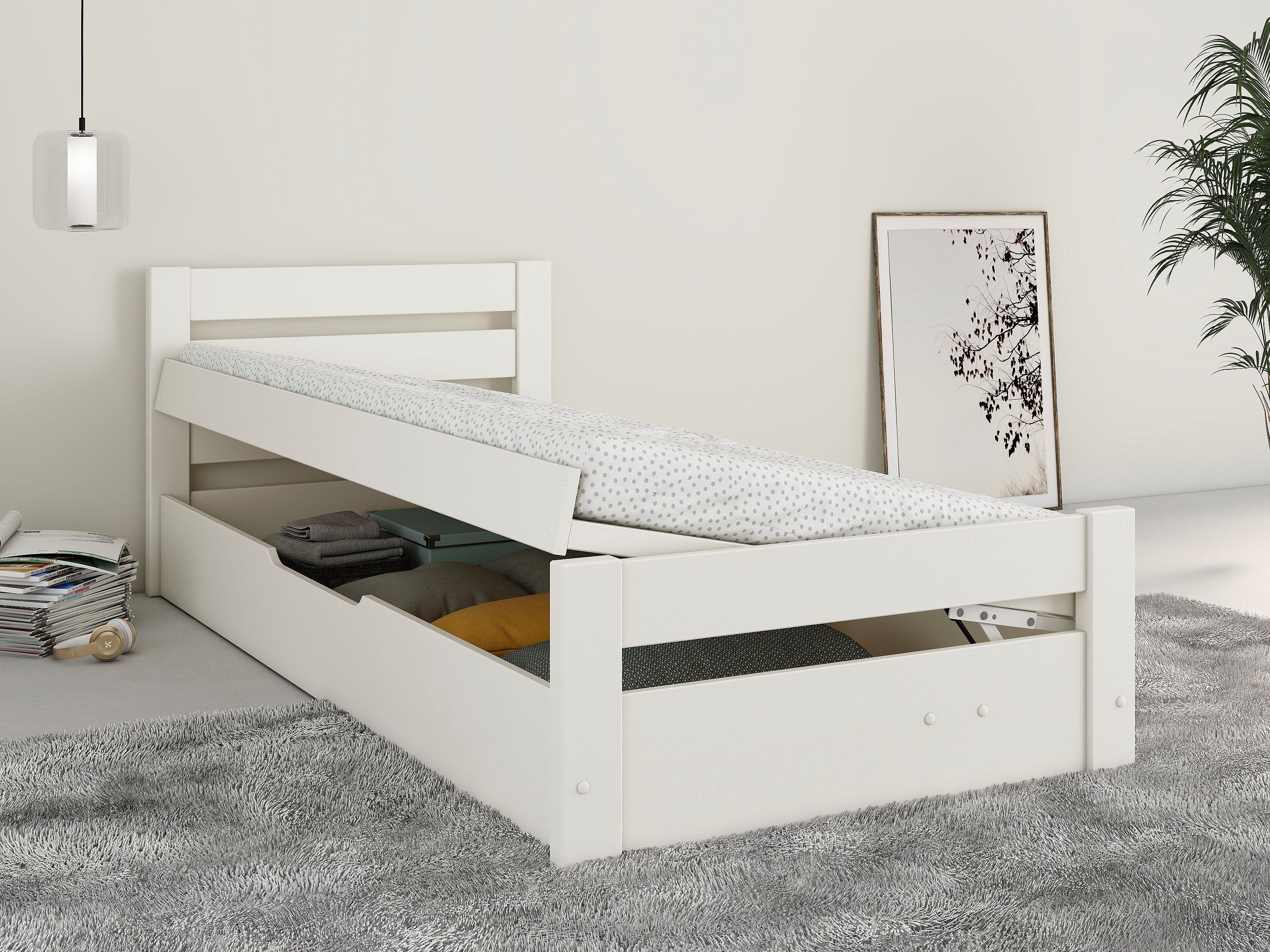 Lüttenhütt Massief houten ledikant GODJE , TOPSELLER, zertifiziertes Massivholz (Kiefer) aan de zijkant te openen bedbox met veel opbergruimte,