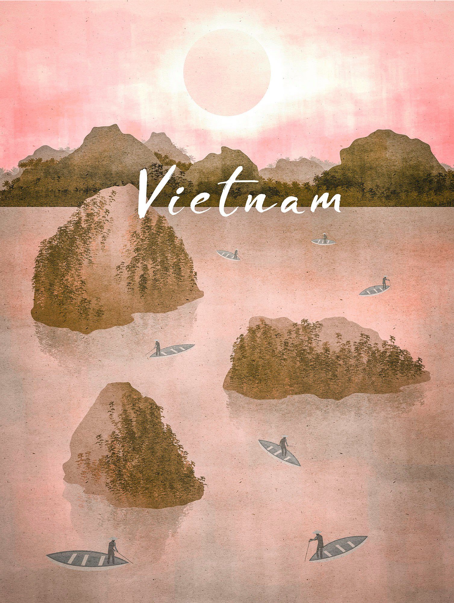 Komar Wanddecoratie Vintage Travel Vietnam Wanddecoratie - zonder lijst (1 stuk) foto schilderijen maat 30 cm x 40 cm roze