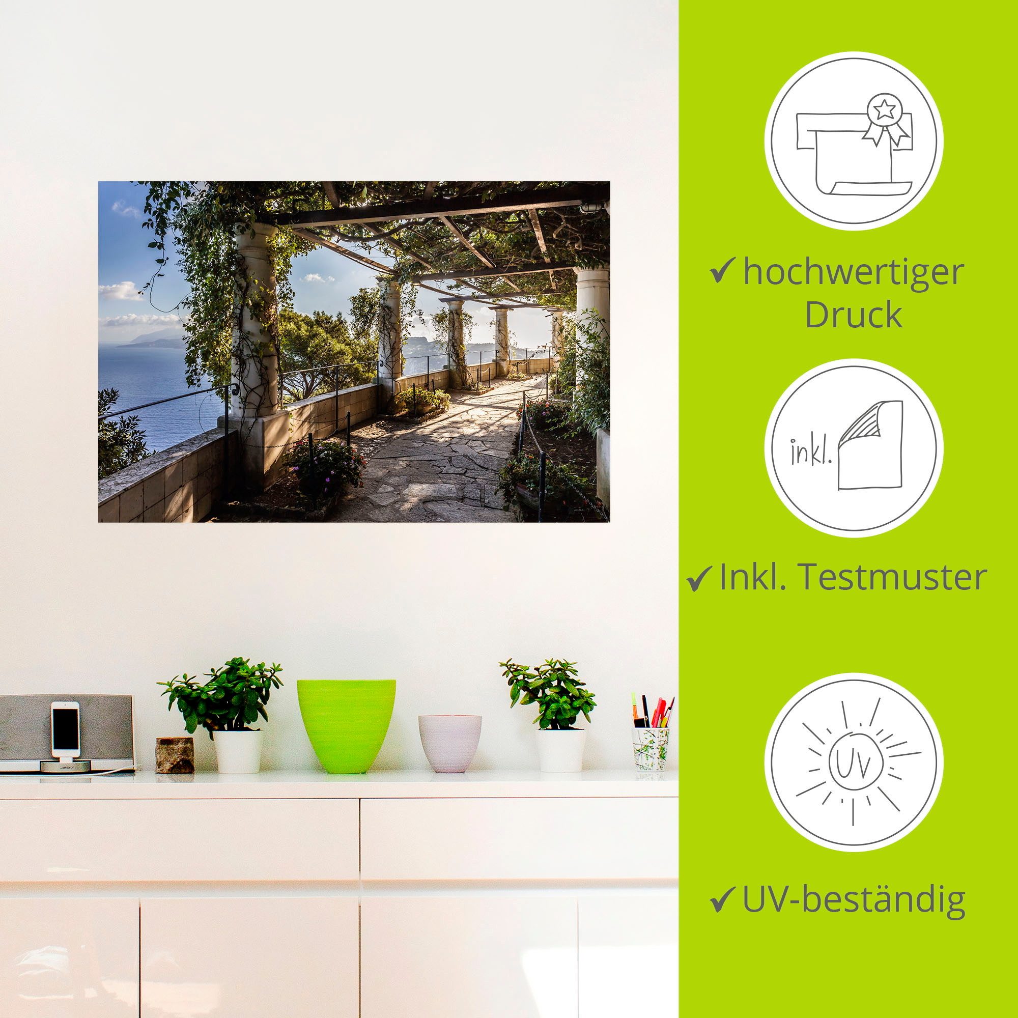 Artland Artprint Tuin van de villa San Michele op capri als artprint van aluminium, artprint voor buiten, artprint op linnen, poster, muursticker