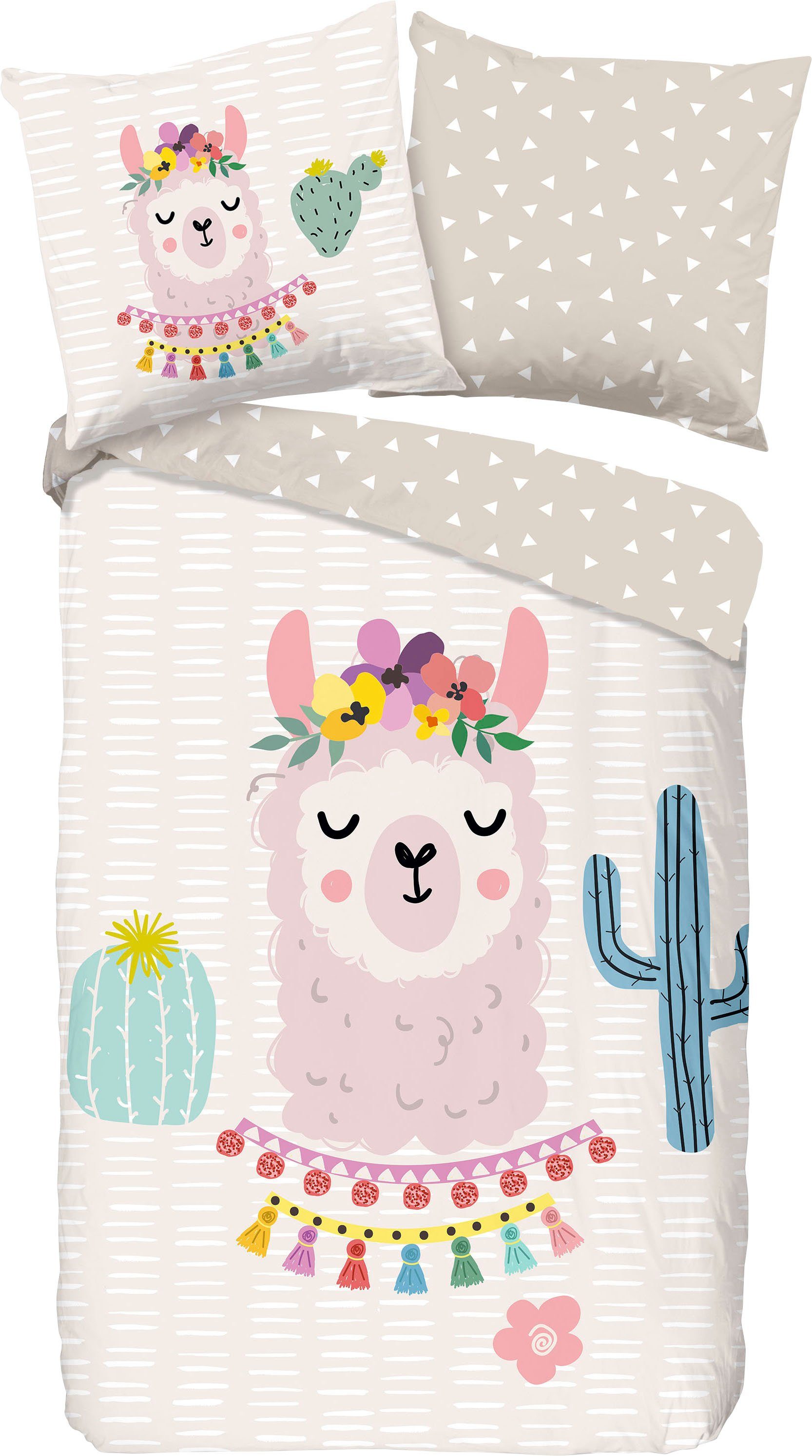 good morning Kinderovertrekset Llama Katoen, 135x200, Rits, Omkeerbaar, Kind, Lama, Meisje (2-delig)