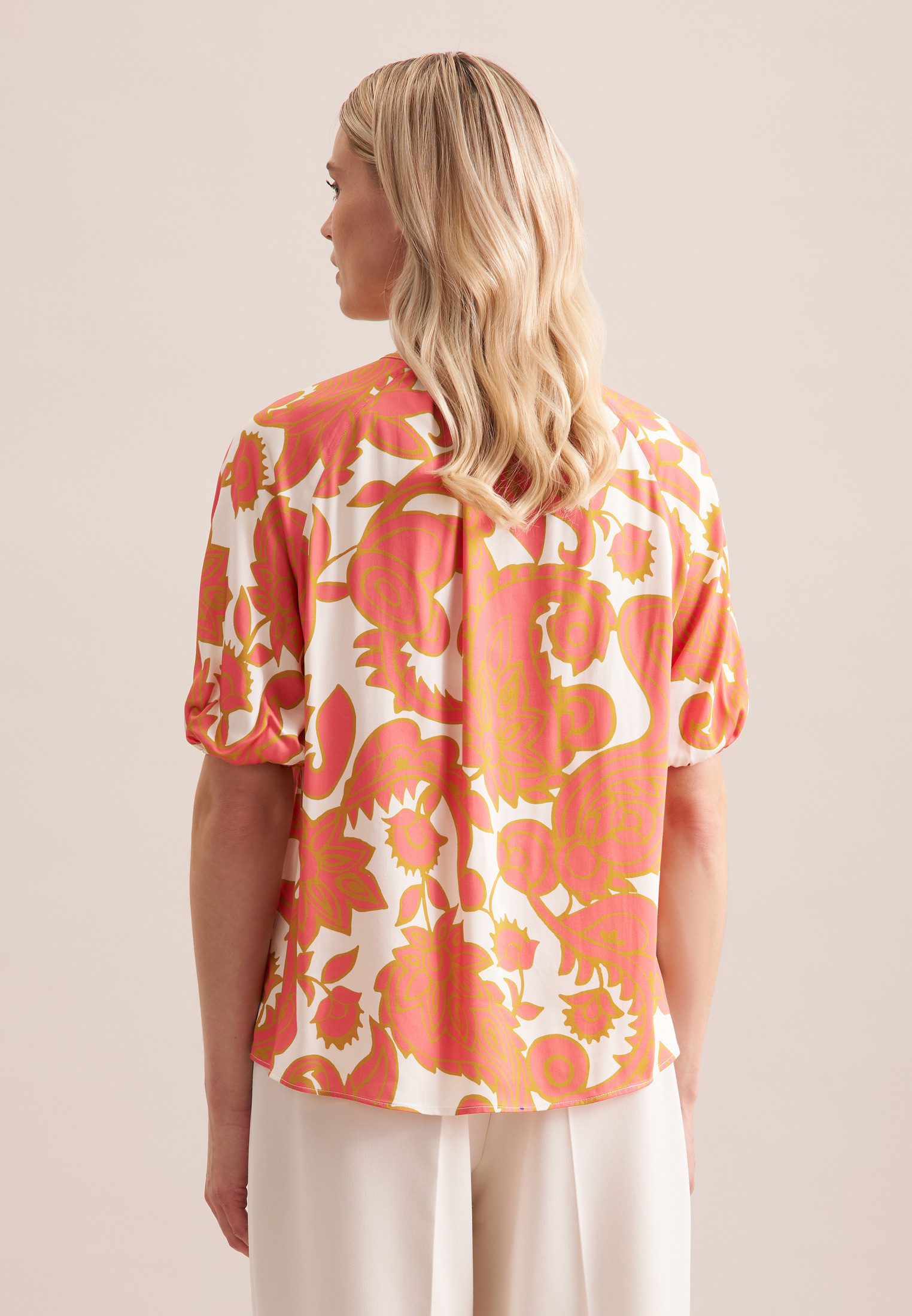seidensticker Shirtblouse Zwarte roos Korte mouw ronde hals paisley
