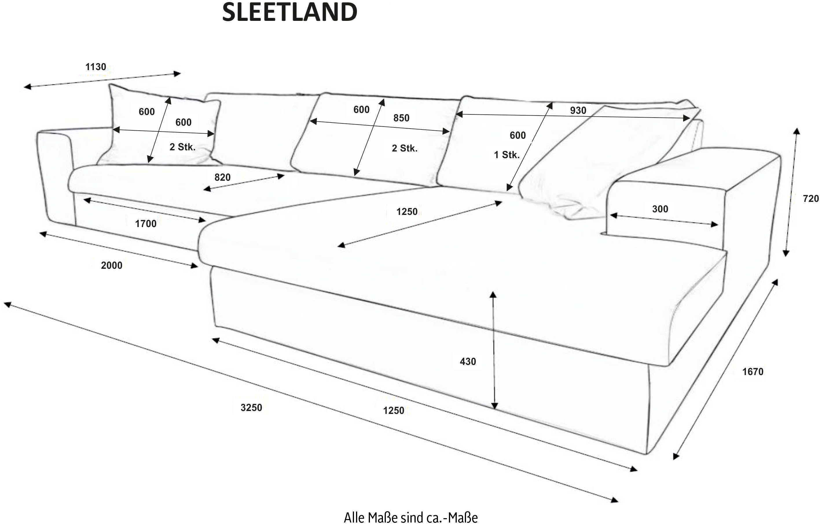 andas Hoekbank SLEETLAND XXL van fluweel of in vintage leer-look, L-model,