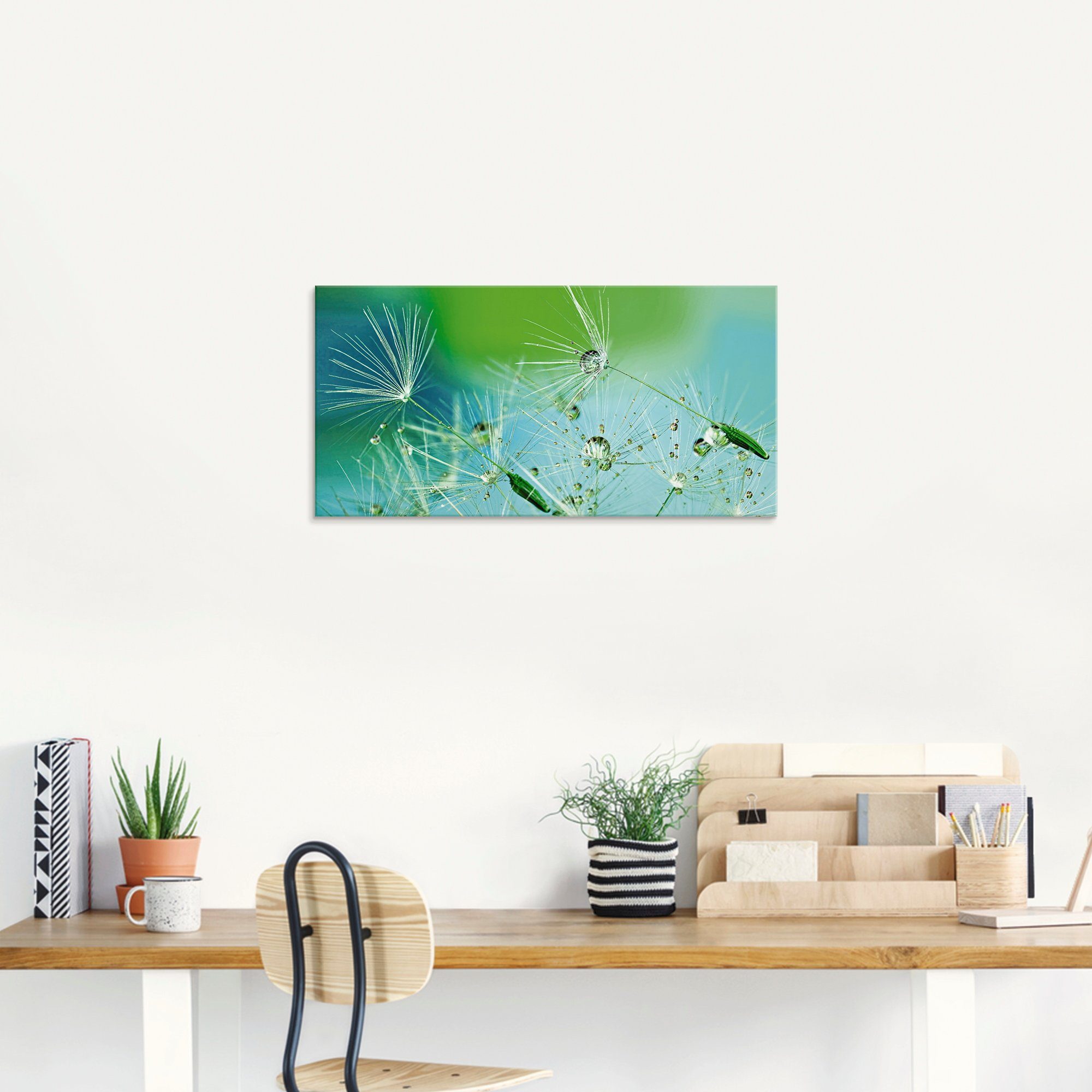 Artland Print op glas Glinsterende pluizenbol met waterdruppels
