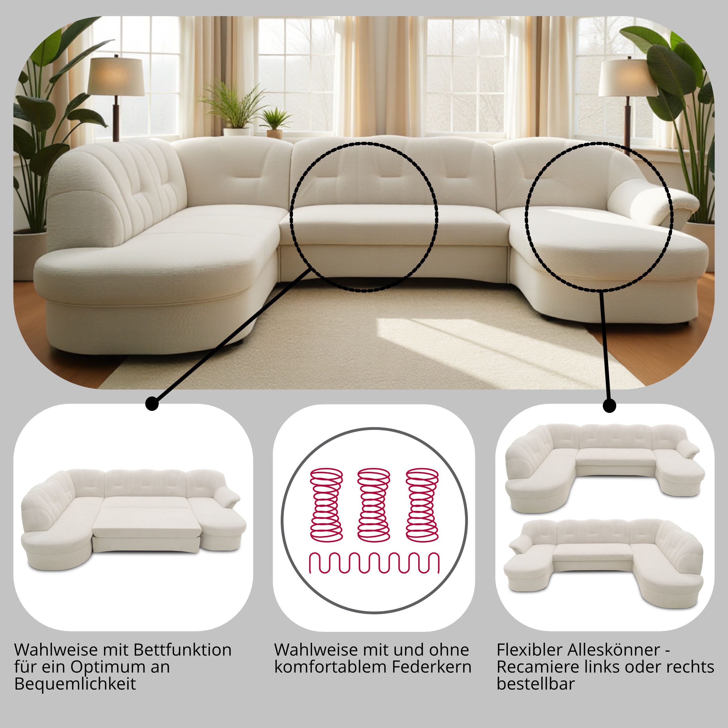 DOMO collection Zithoek Flores ook in leren bekleding, B/D/H: 293/180/86 cm, U-vorm (3 stuks)