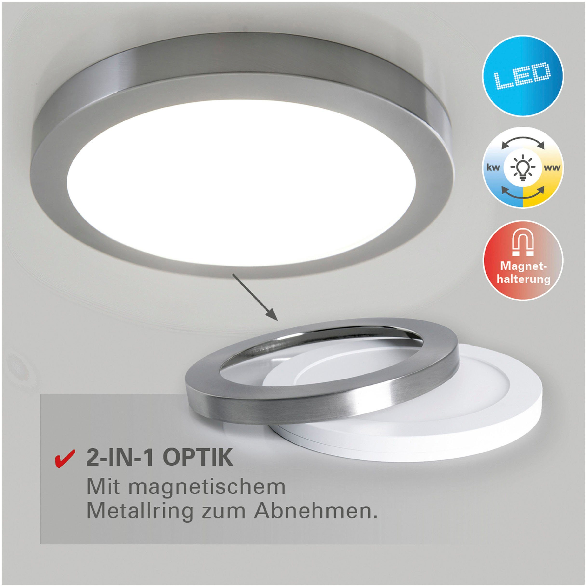 näve Led-plafondlamp Bonus 3 lichtkleuren, 2-in-1-uitstraling, ring chroom magnetisch afneembaar (1 stuk)