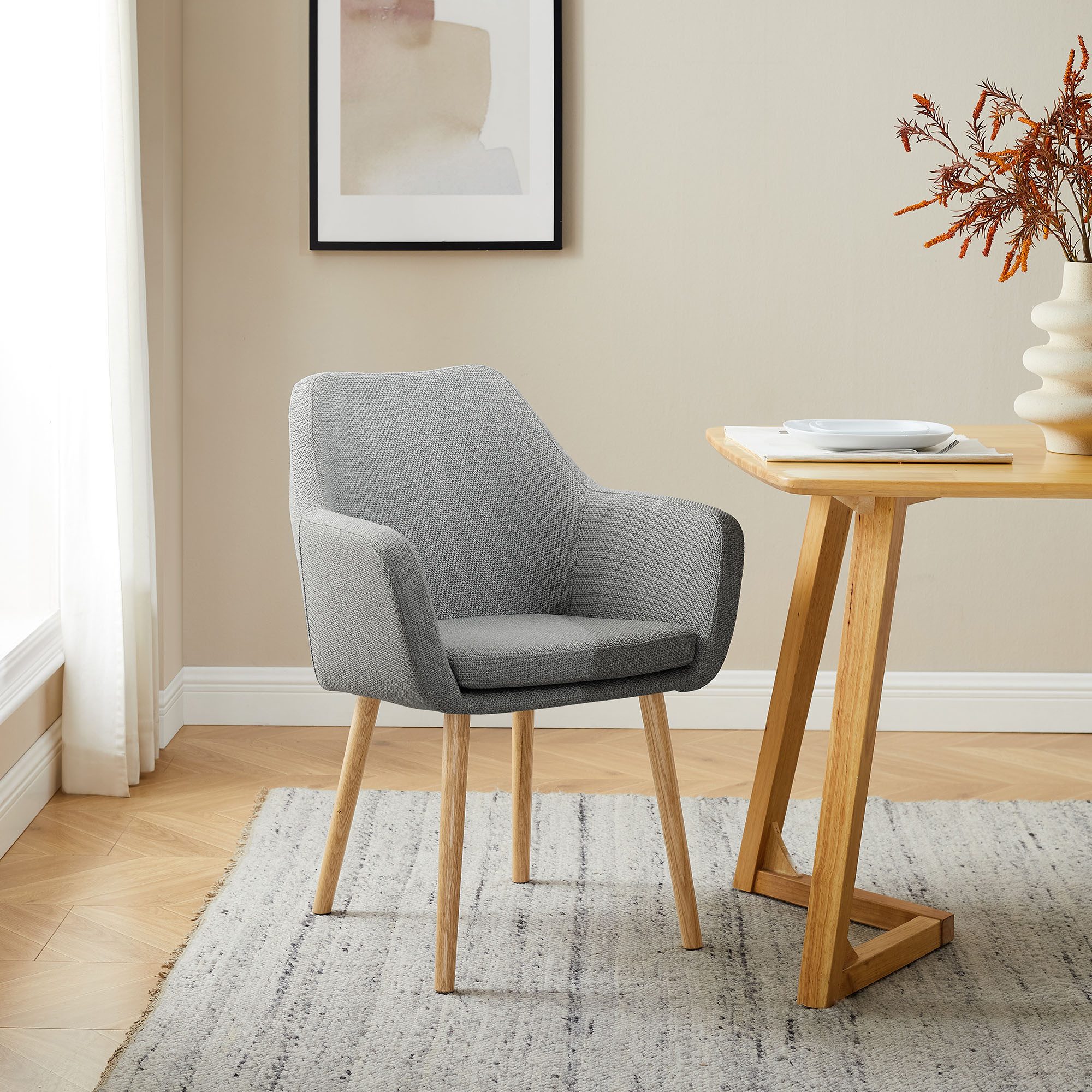 SalesFever Stoel met armleuningen Stoelpoten van massief eikenhout 4 poot stoelen grijs