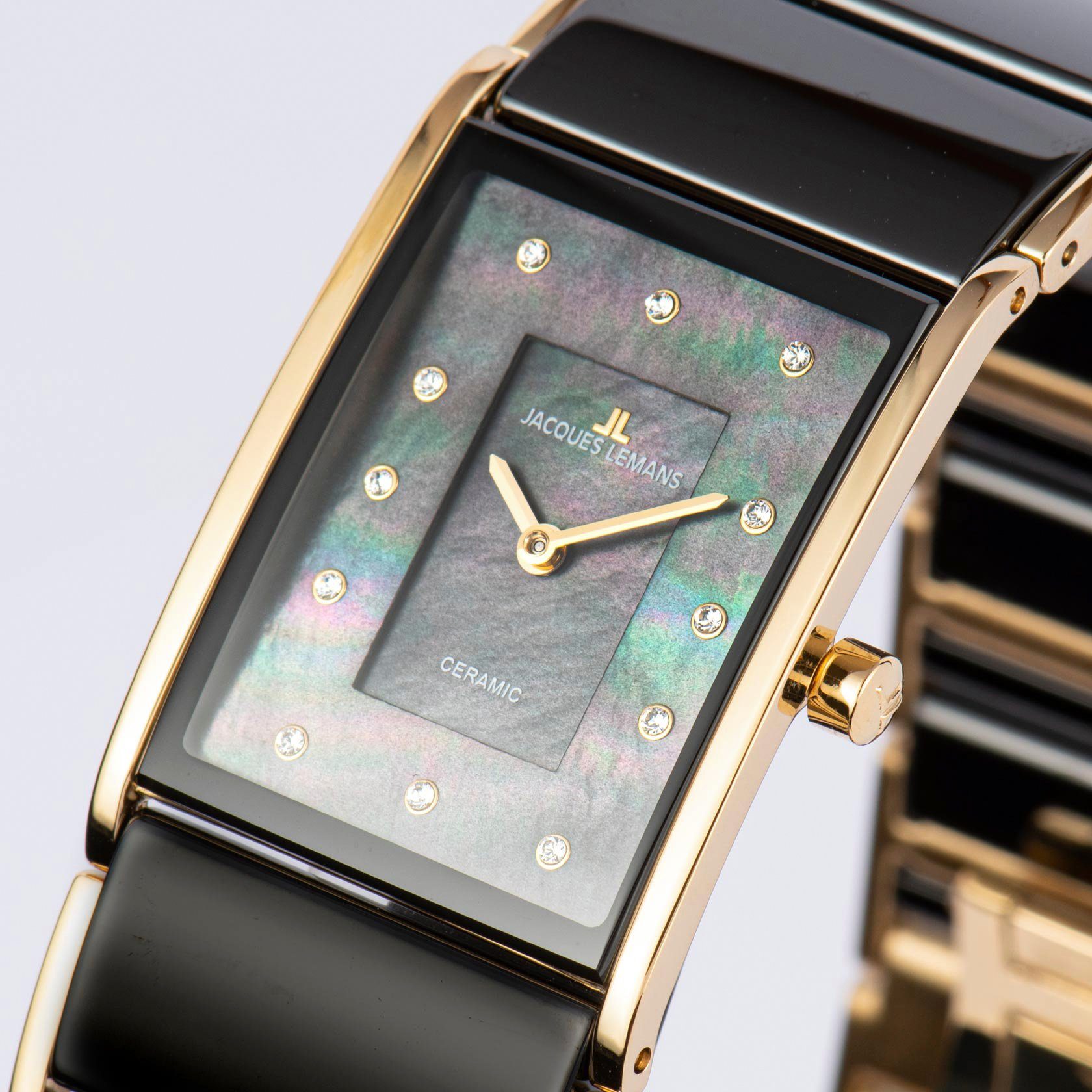 Jacques Lemans Keramisch horloge Dublin, 1-1940J Quartz horloge, armbanduhr, dameshorloge, parelmoer wijzerplaat, keramische band