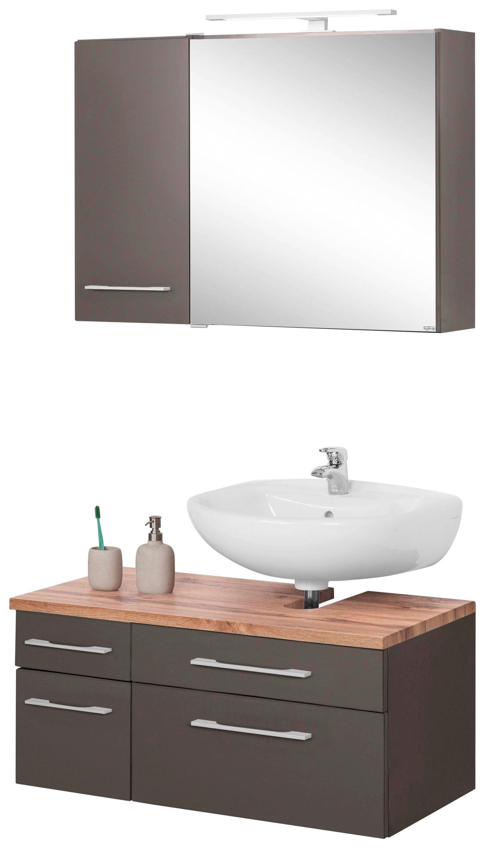 welltime Badkamerserie Davos met ledverlichting, hangend kastje en wastafelonderkast (3-delig) badmeubelsets grijs