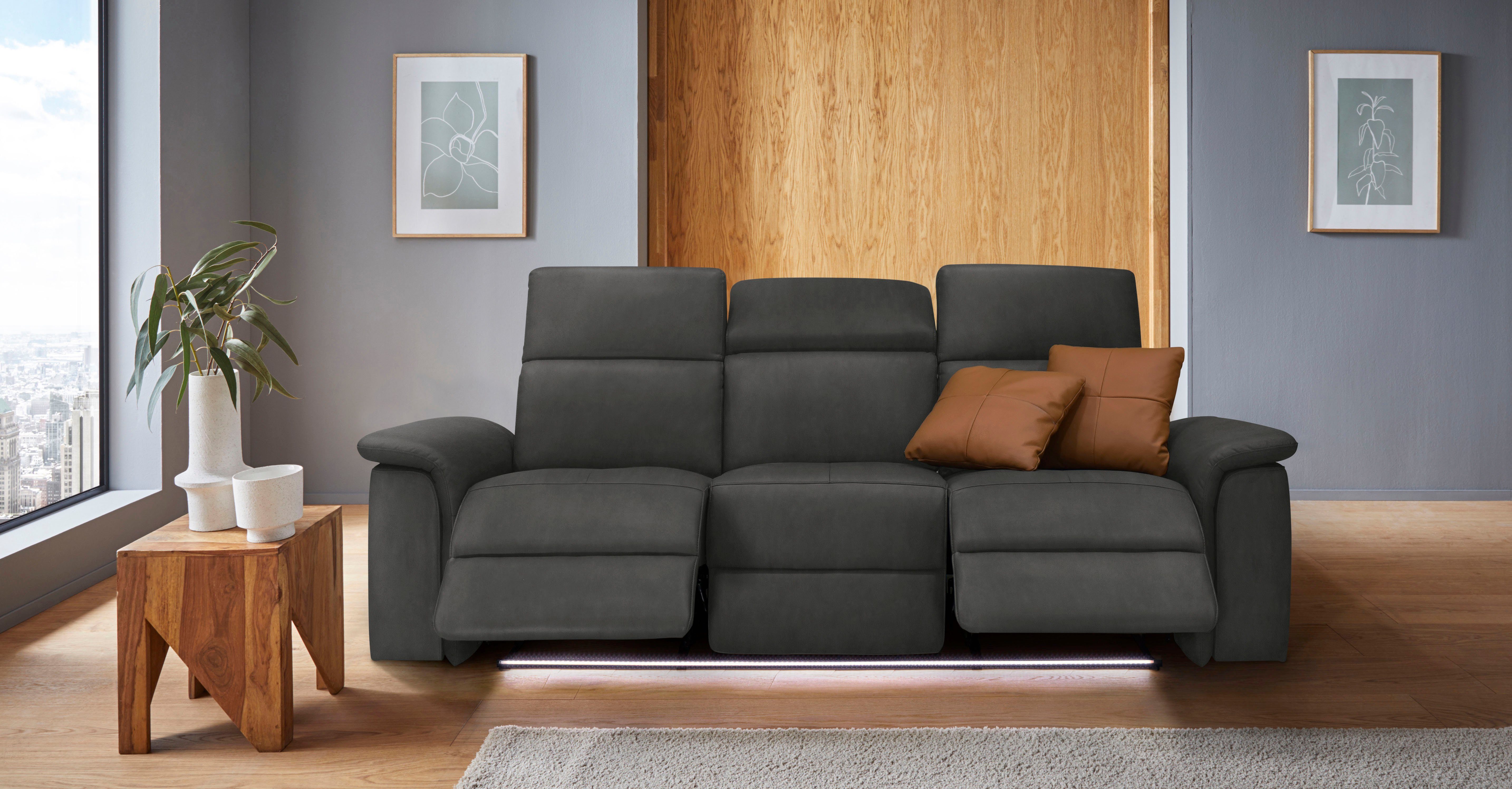 Places of Style 3-zitsbank Pareli 229 cm, handmatige en elektrische relaxfunctie in 2 zits USB, verstelbare hoofdsteun, LED-verlichting, in echt leer, kunstleer, geweven stof