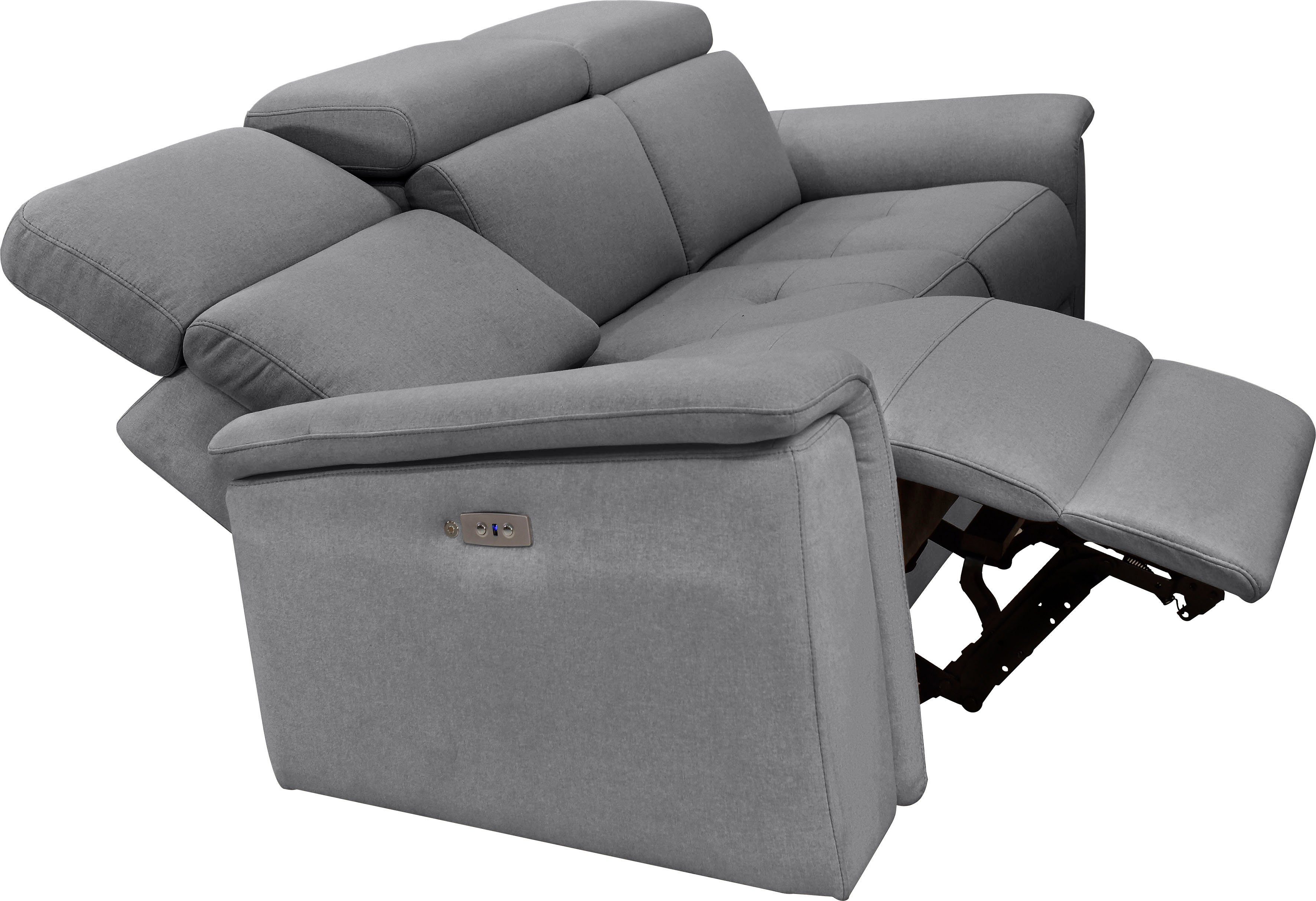 Places of Style 3-zitsbank Pareli 229 cm, handmatige en elektrische relaxfunctie in 2 zits USB, verstelbare hoofdsteun, LED-verlichting, in echt leer, kunstleer, geweven stof