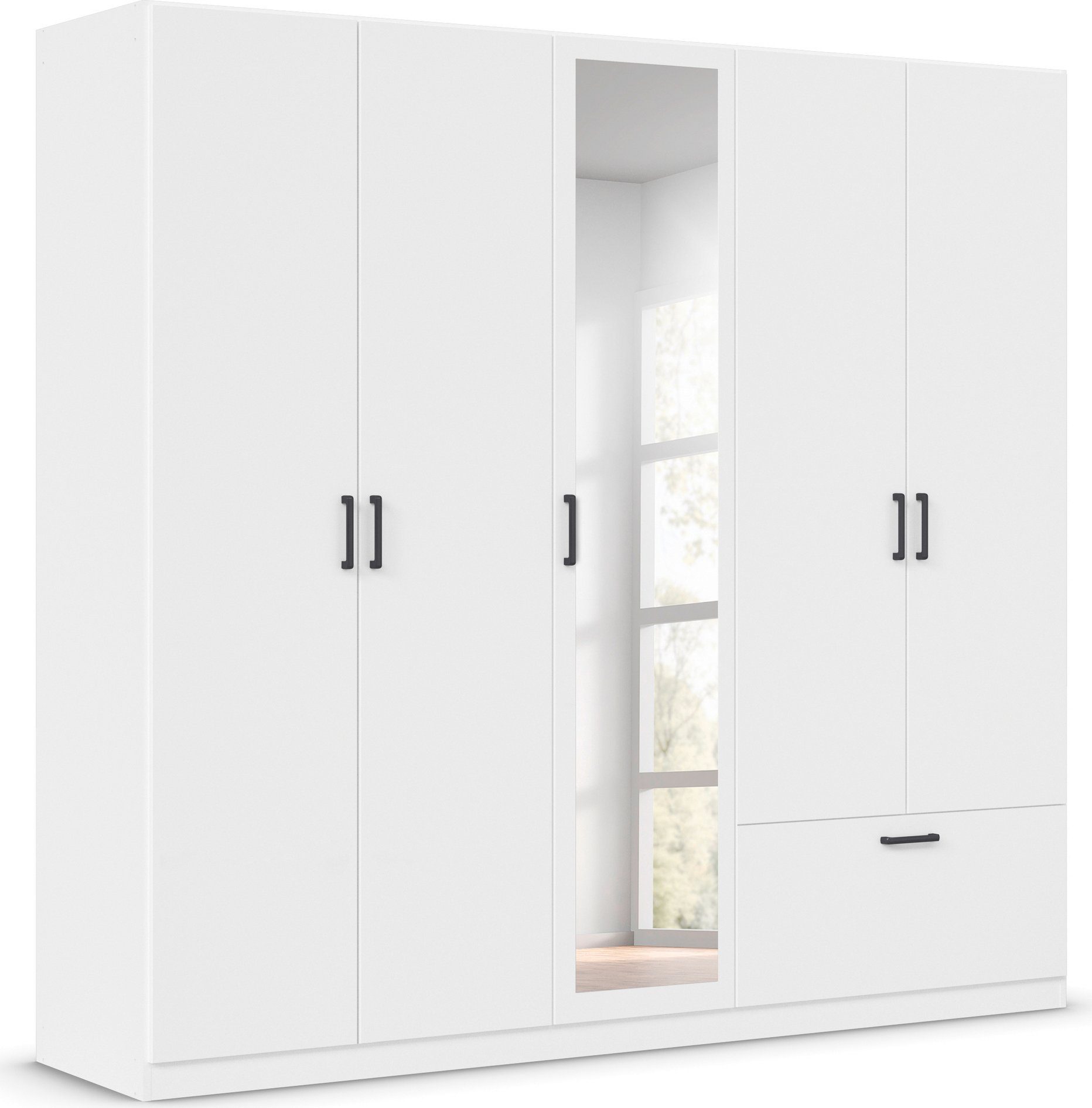 rauch Draaideurkast Kledingkast kast garderobe waskast BARI met spiegel met lades aan de buitenkant, moderne greep in grijs metallic made in germany