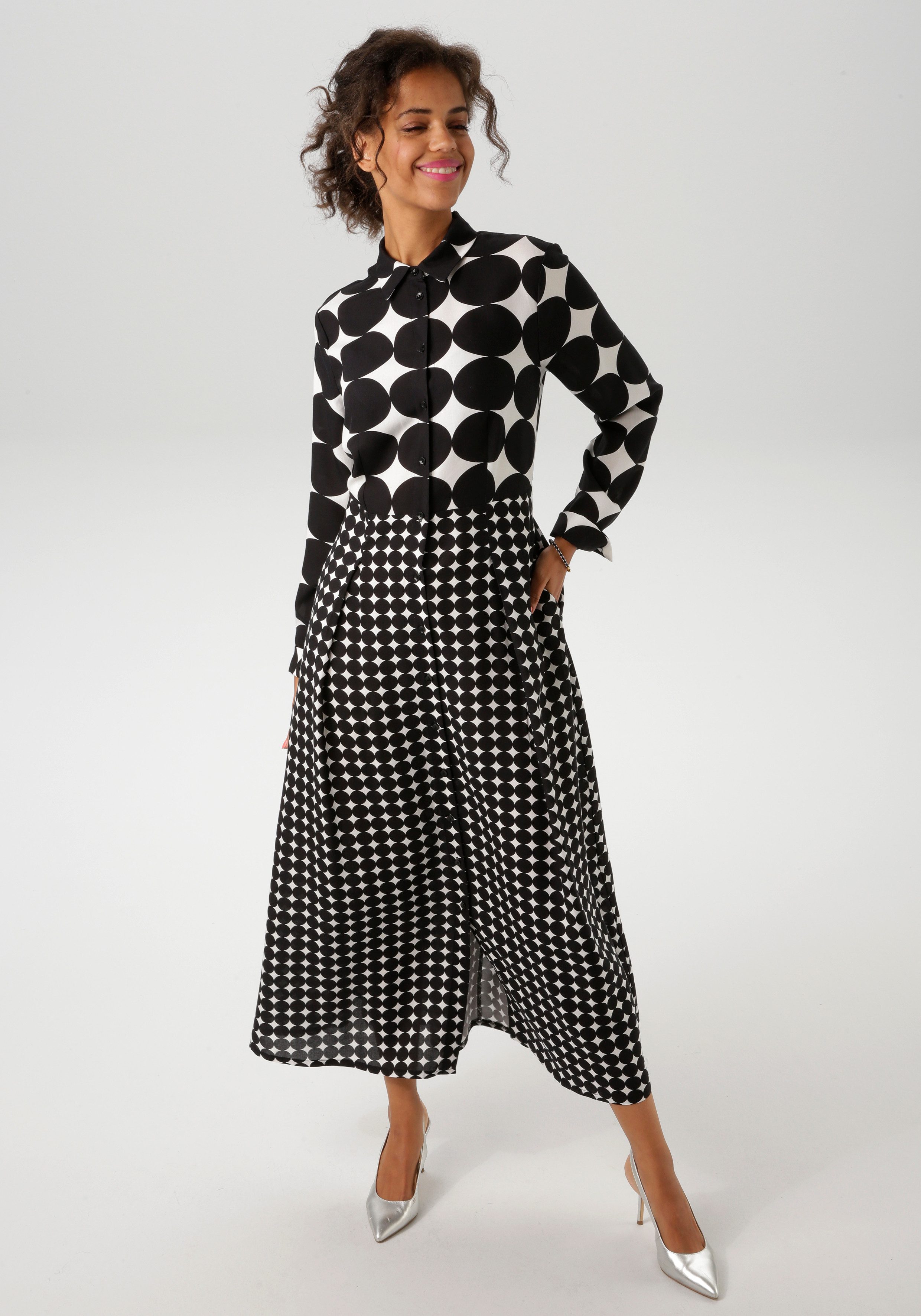 Aniston CASUAL Maxi-jurk in een mix van grote en kleine cirkels nieuwe collectie