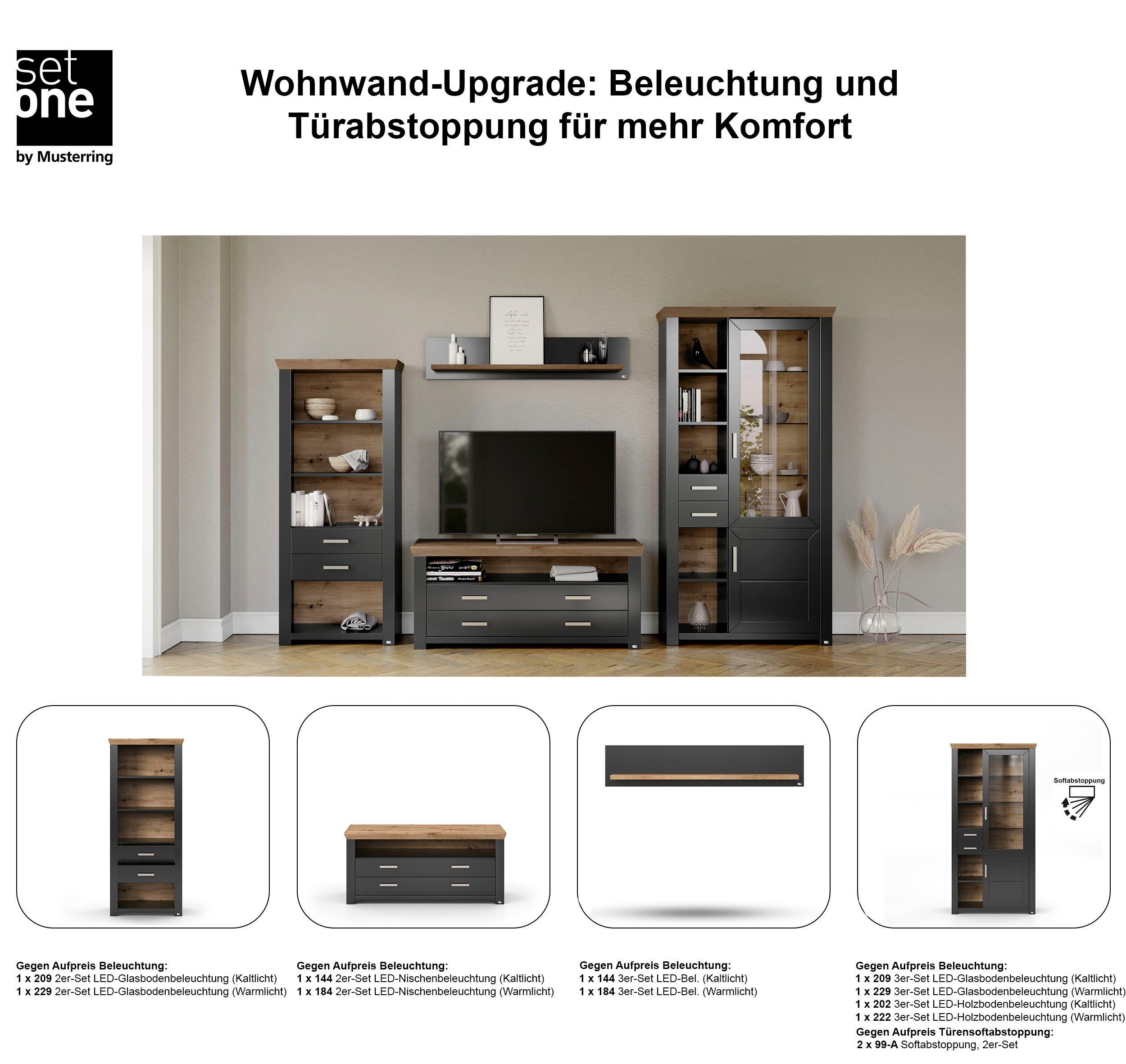 set one by Musterring Wandmeubel York Combinatie met 4 delen, in 3 kleurvarianten, totale breedte 340 cm (4-delig)