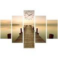 conni oberkircher´s wanddecoratie morning fog - zonsopkomst aan het meer met decoratieve klok, mist, oever, landschap, pier, ontspanning (set) beige
