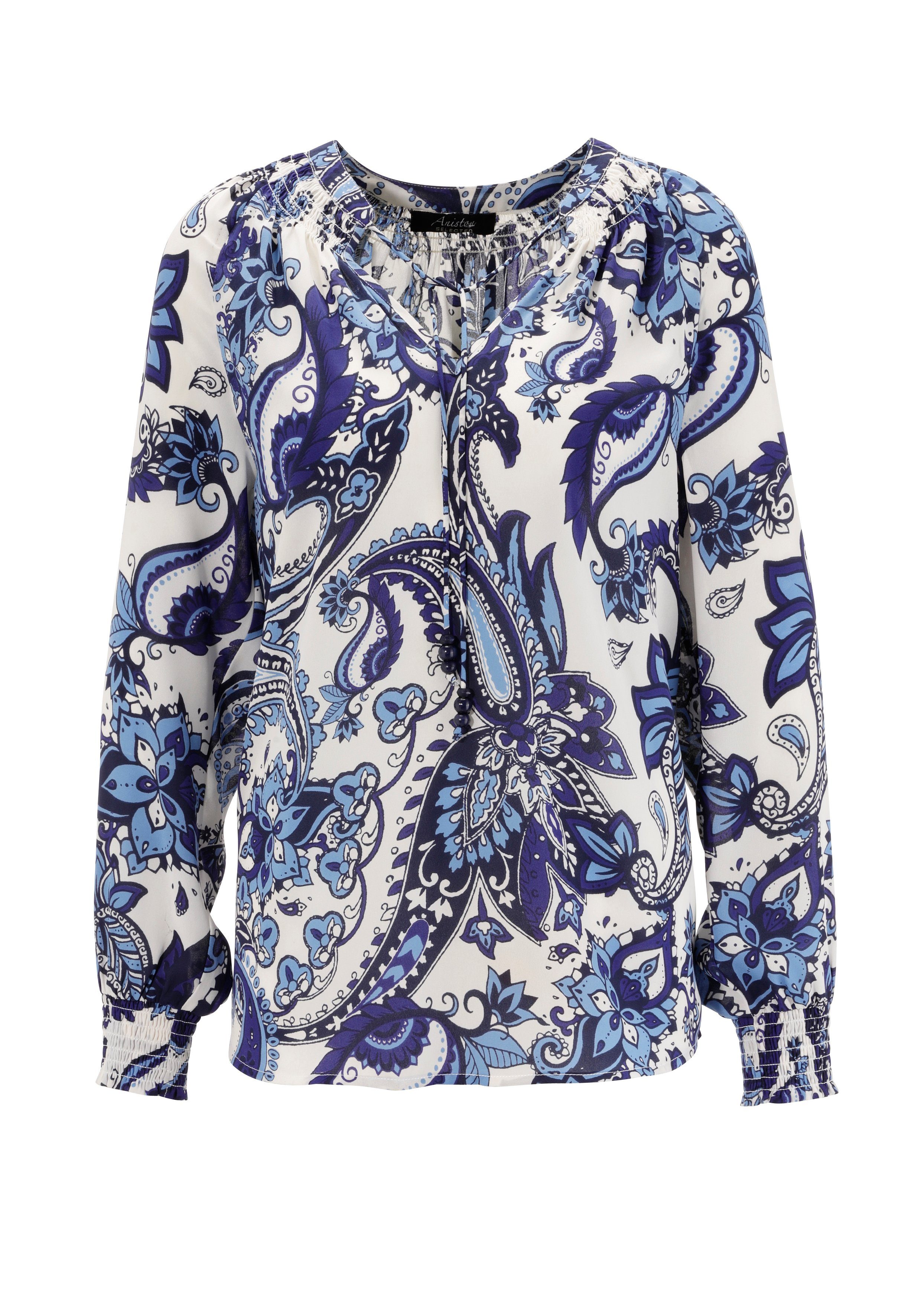 Aniston SELECTED Blouse zonder sluiting met donkerblauwe sierparels aan de bindbanden