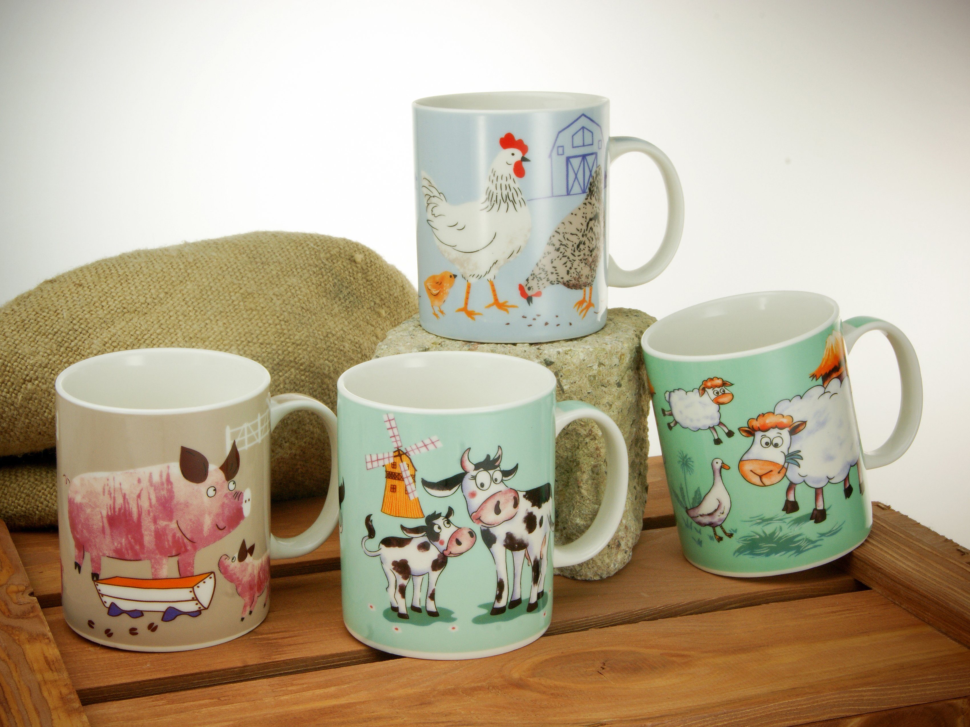 CreaTable Beker Koffiebeker farm animals ideaal als kinderbeker, kopjesset(set, 4-delig)