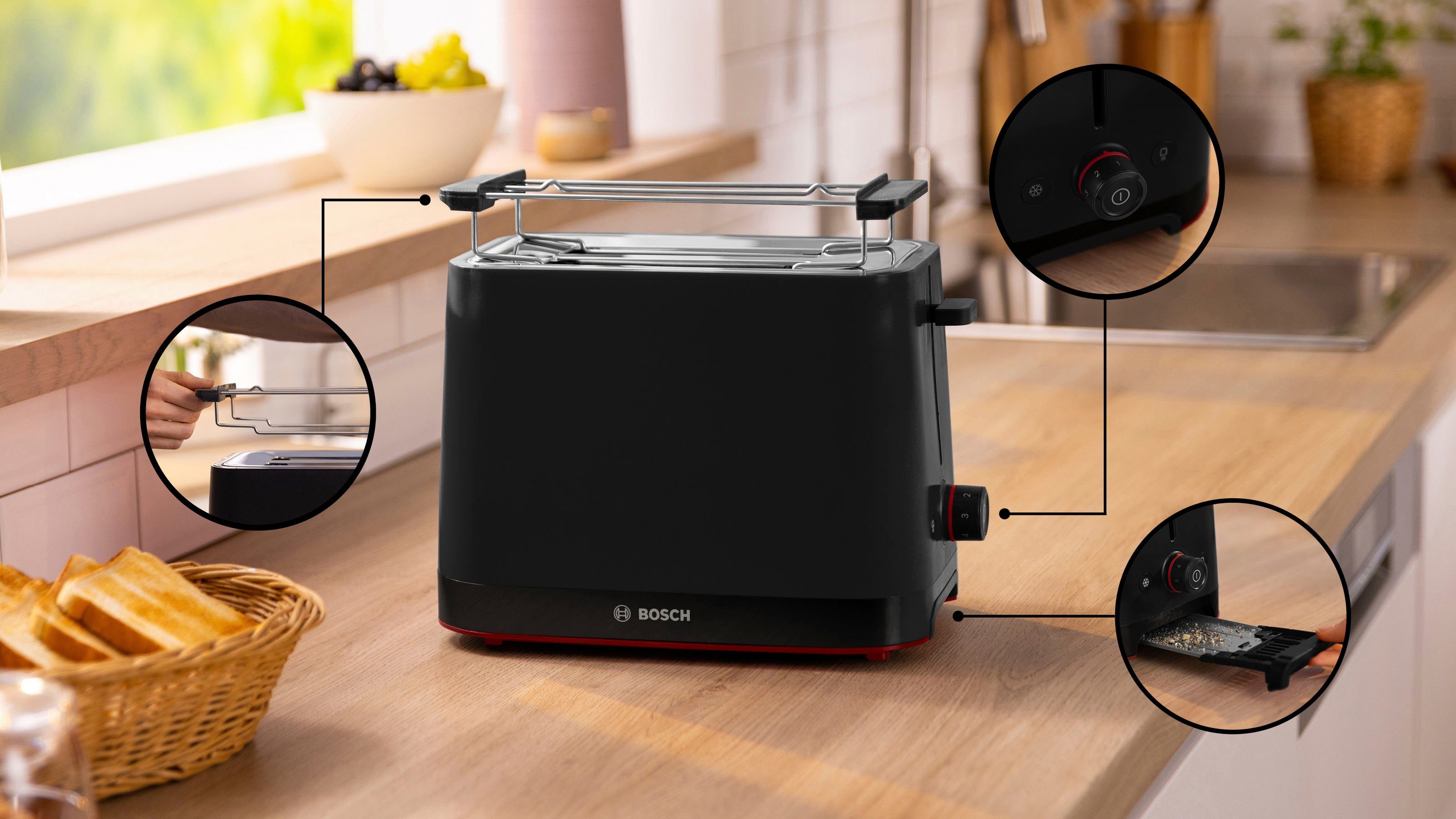 BOSCH Toaster MyMoment TAT3M123 afneembare opzet voor broodjes, ontdooi-functie, brood centreren, auto off