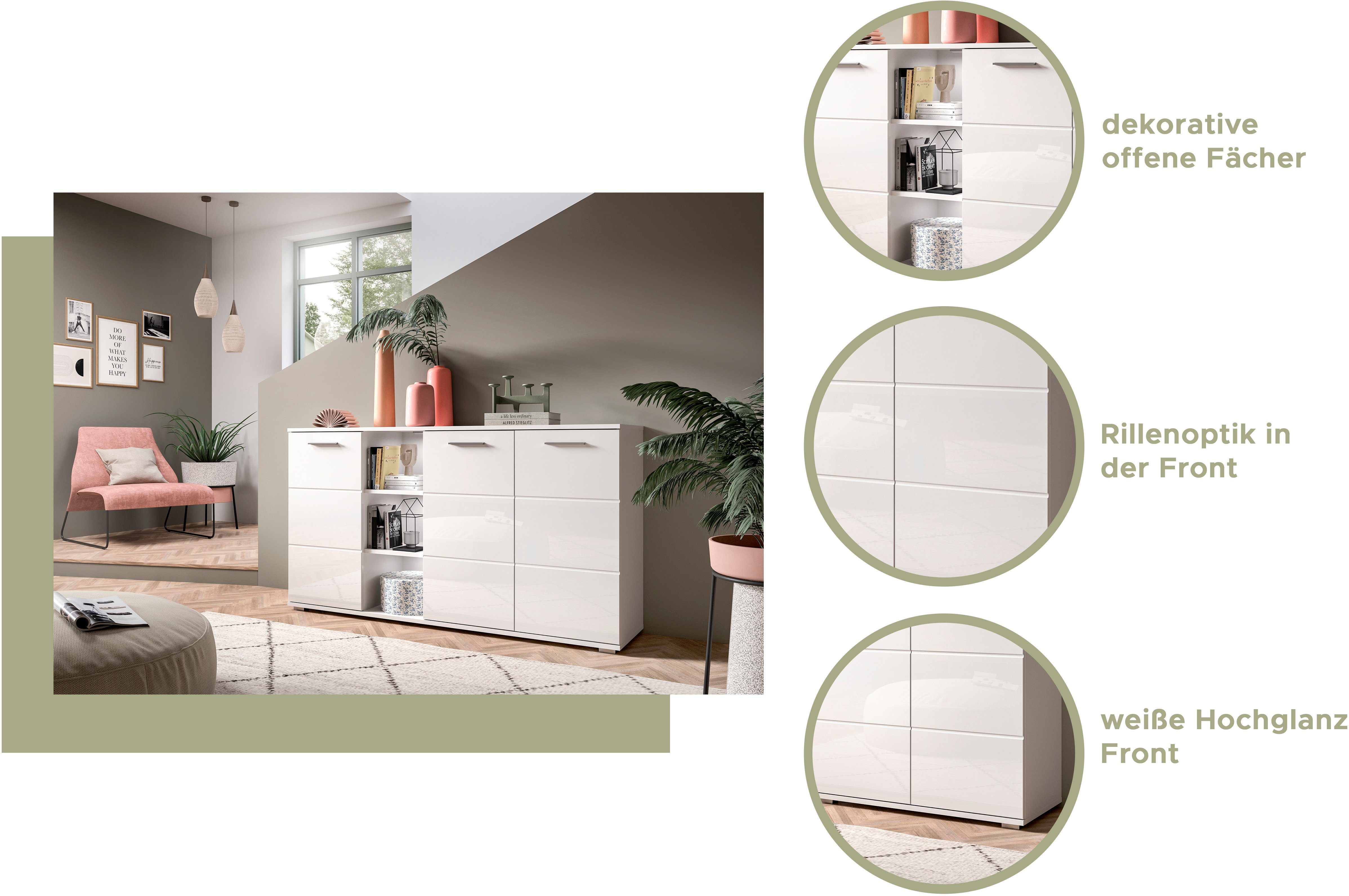 INOSIGN Highboard Valge, Hoogte 108 cm, 2 Deuren, 4 in hoogte verstelbare Planken, 4 Open Vakken