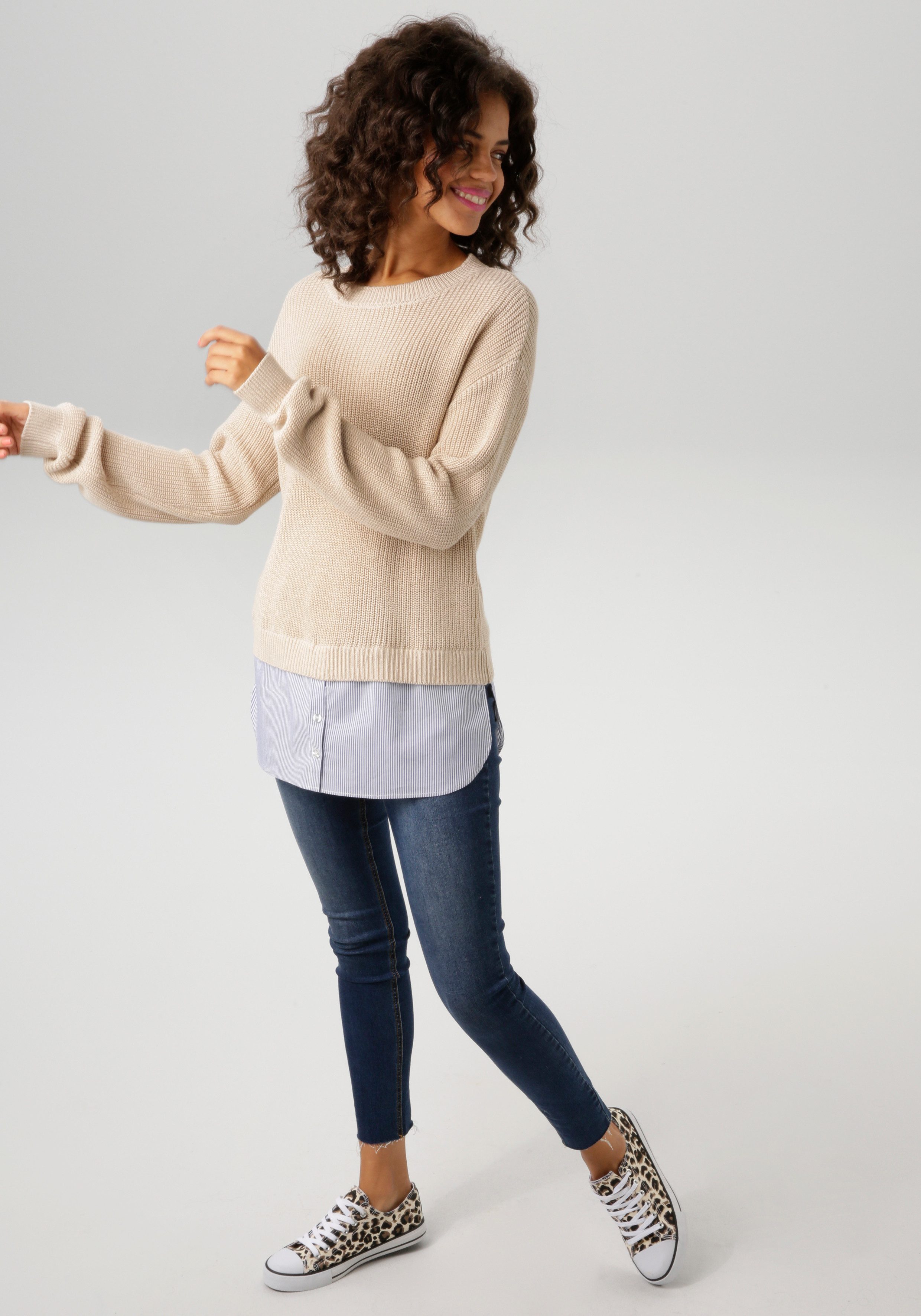 Aniston CASUAL Gebreide trui gestreepte blouse-inzet onderlangs