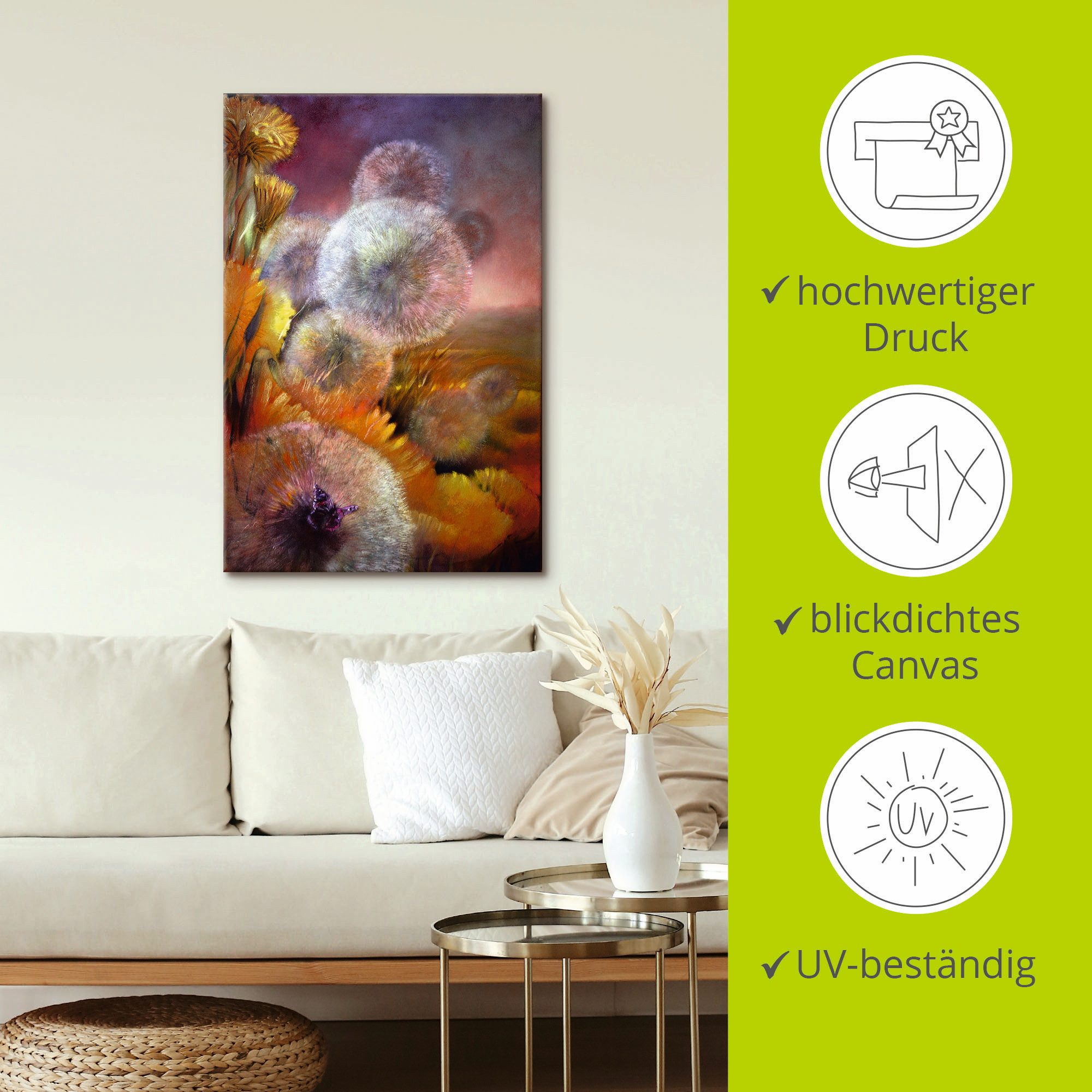 Artland Artprint Paardenbloem en vlinder als artprint op linnen, poster in verschillende formaten maten
