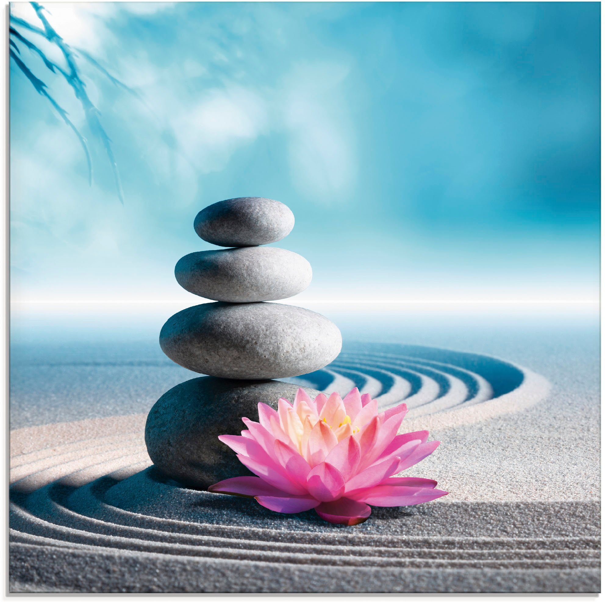 Artland Print op glas Zand, lelie en spa-stenen in zen-tuin landschappen blauw