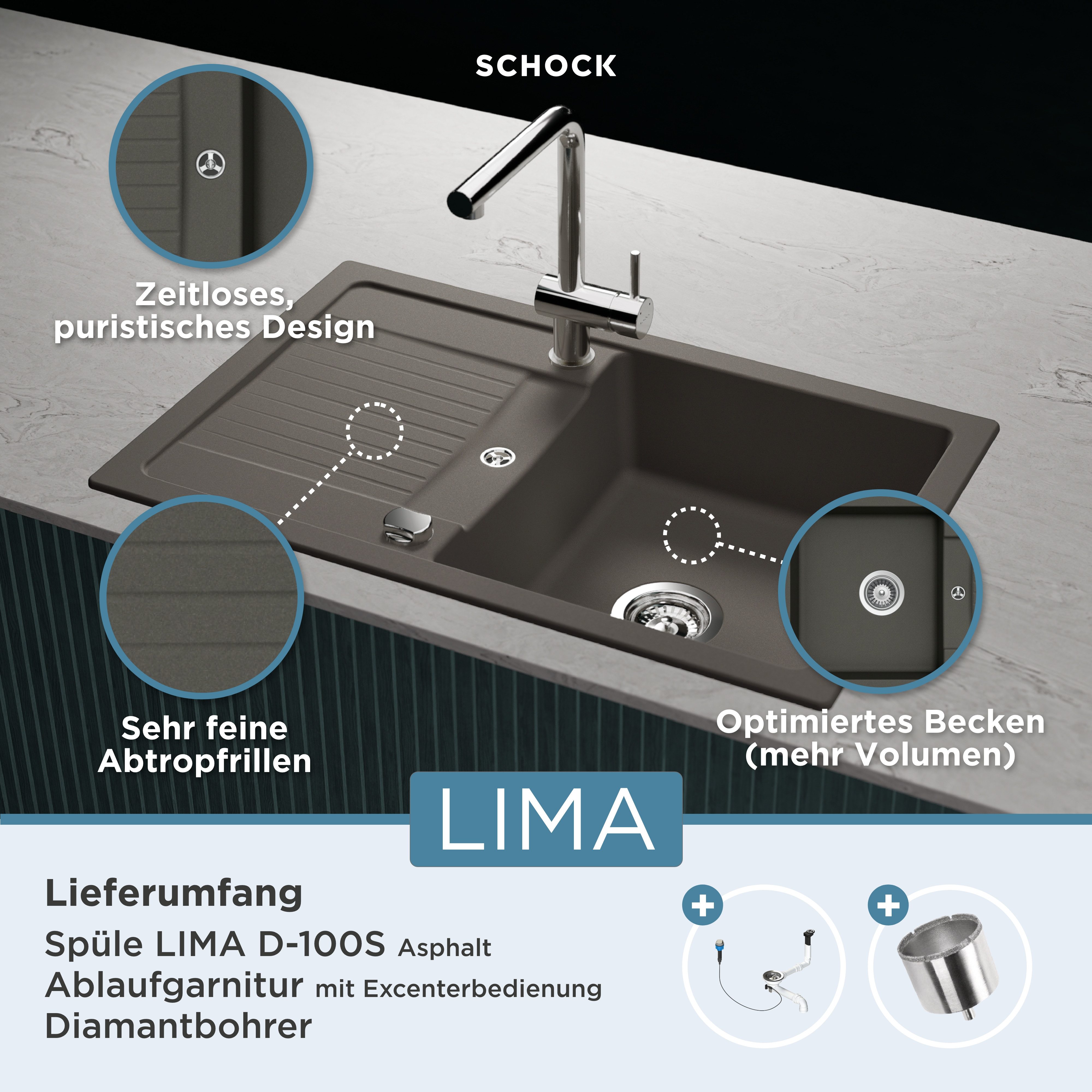 Schock Granieten spoelbak Lima D-100S 78/50 cm, opzetgootsteen
