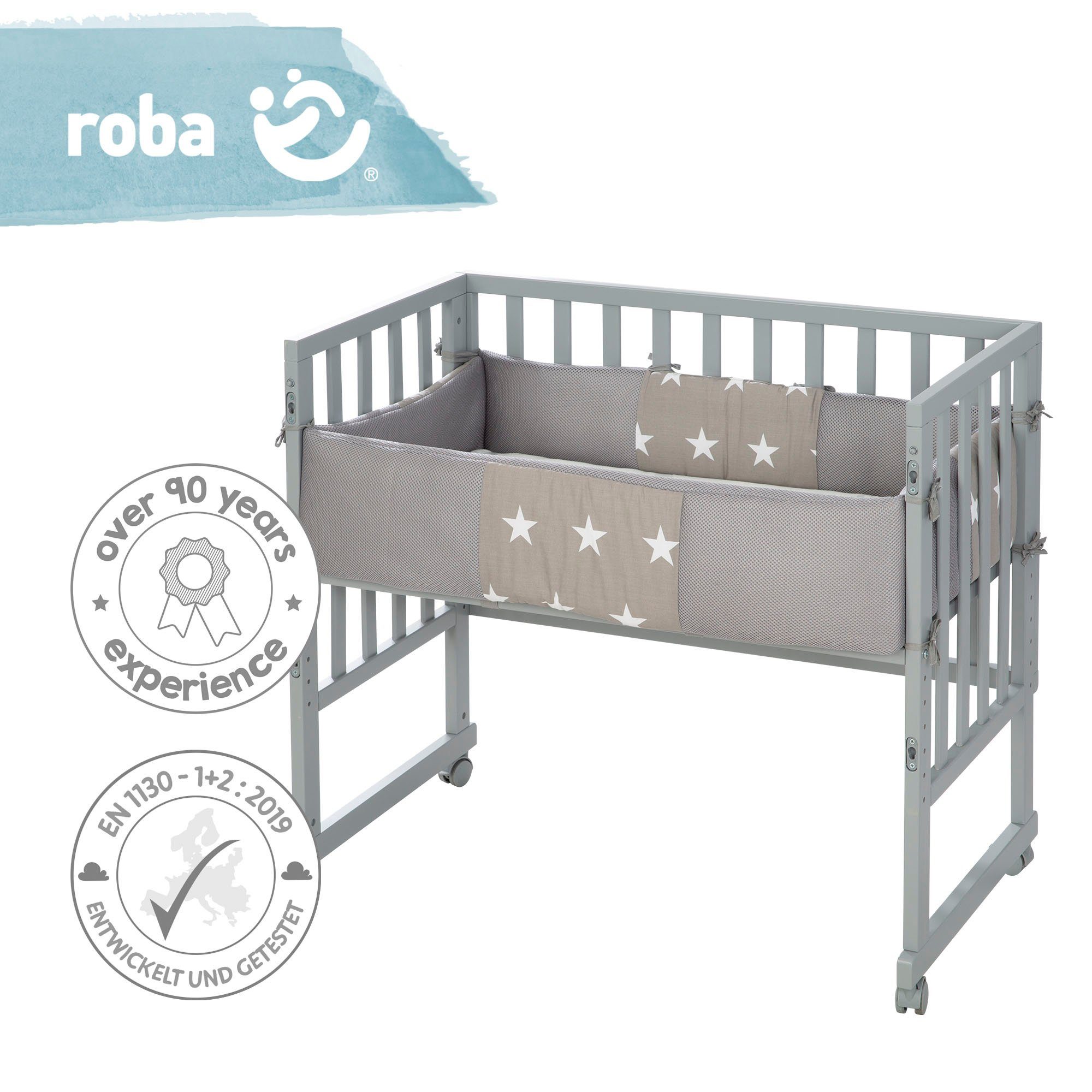 Roba® Wieg Safe Asleep® 2-in-1, taupe, Little sterren met 4 wieltjes, matras, hoofdbeschermer en veiligheidsbarrière