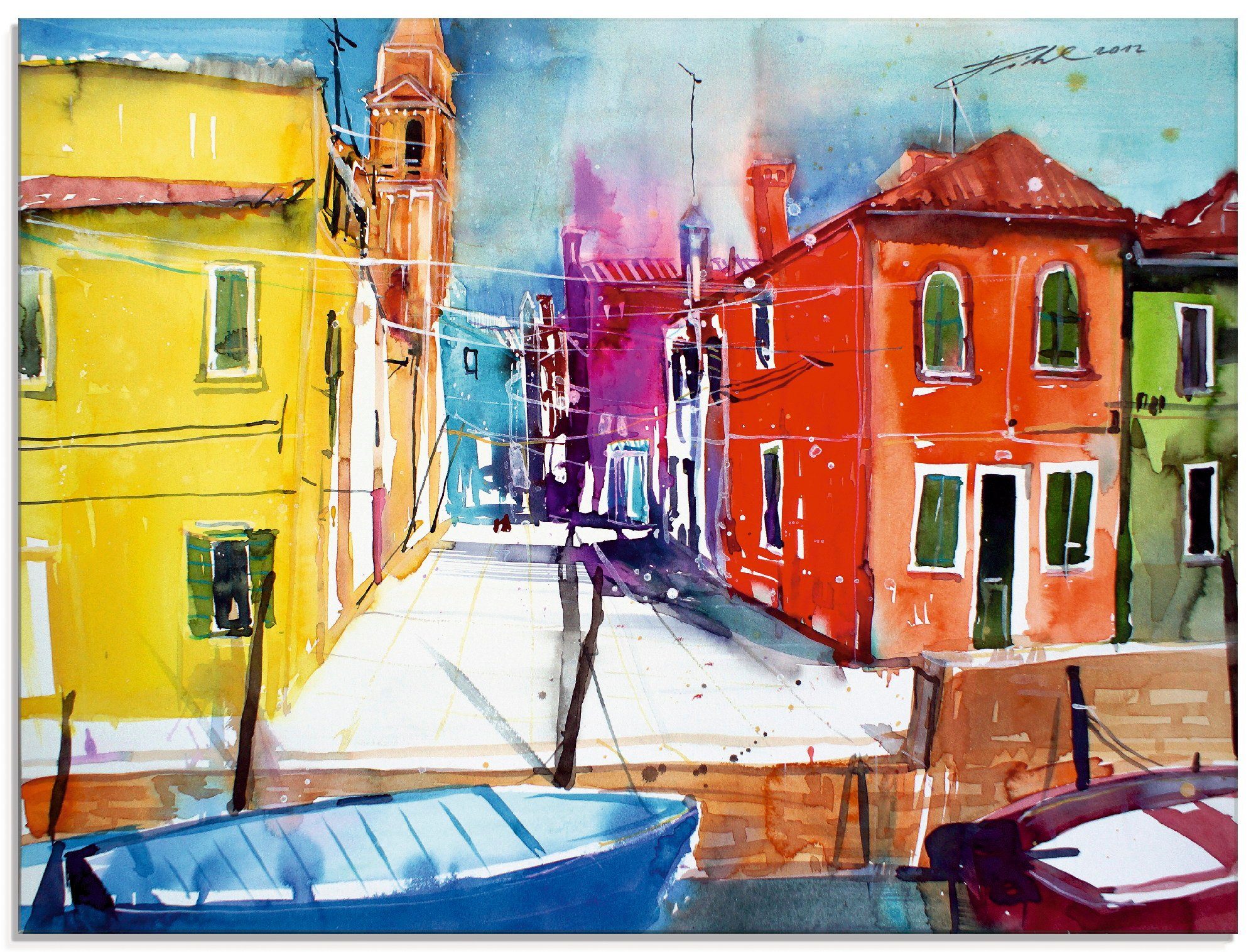 Artland Print op glas Venetië, Burano, Fondamenta del Pizzo glazen artprint blauw