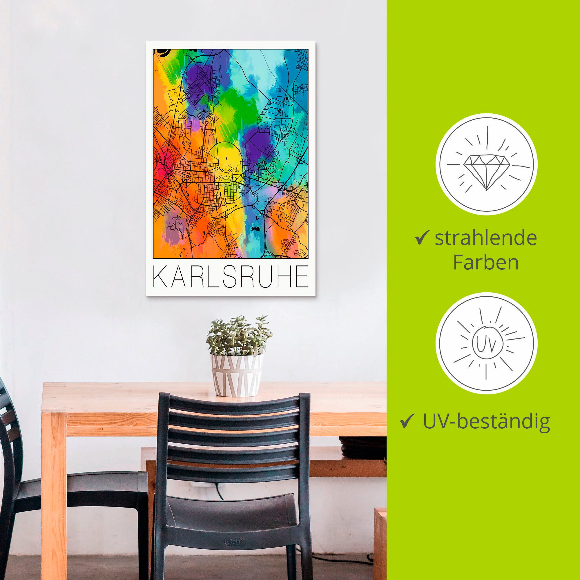 Artland Artprint Retro kaart Karlsruhe aquarel als artprint van aluminium, artprint voor buiten, poster in diverse formaten