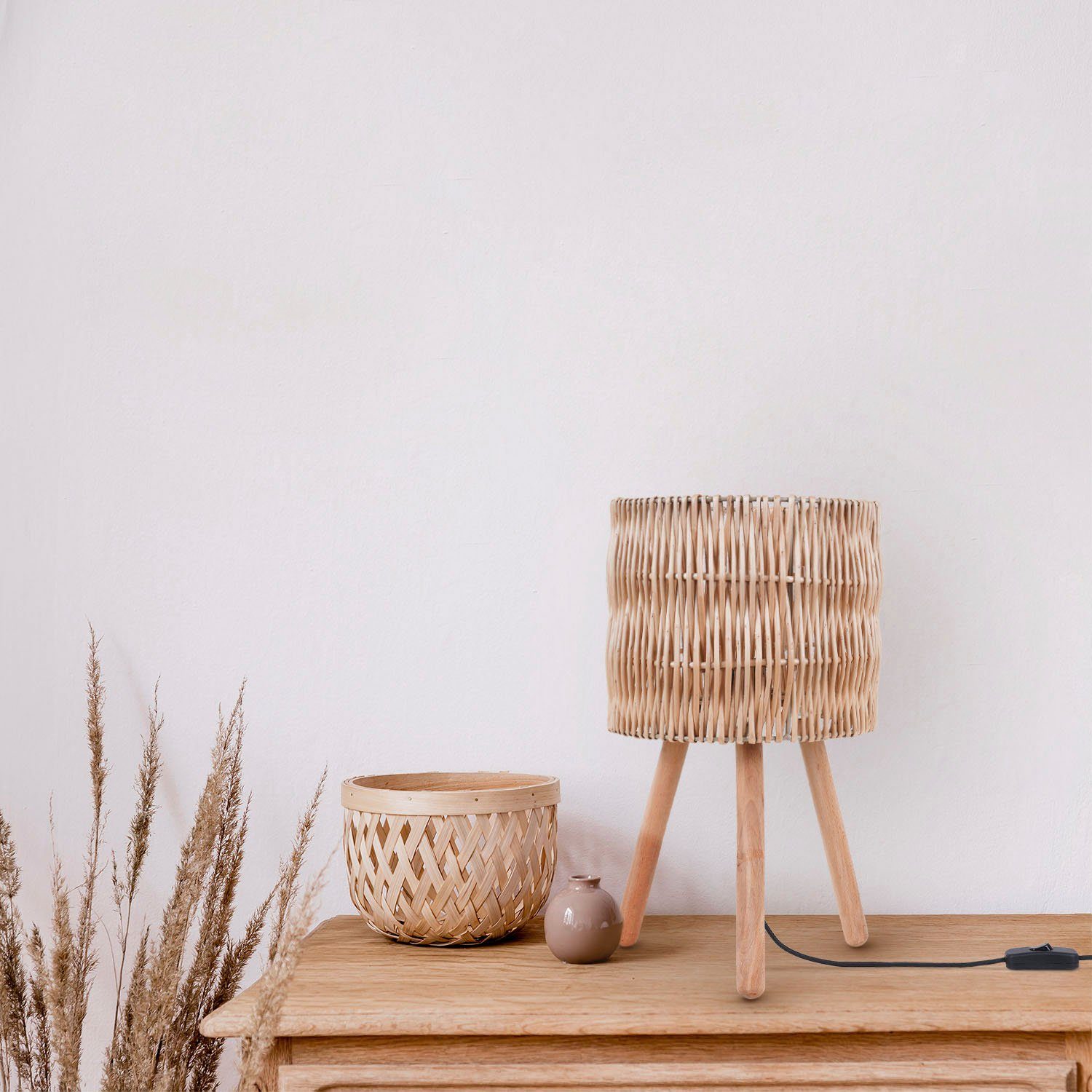 Paco Home Tafellamp Jorge Schrijf nacht lampenkap mand Boho hout E27