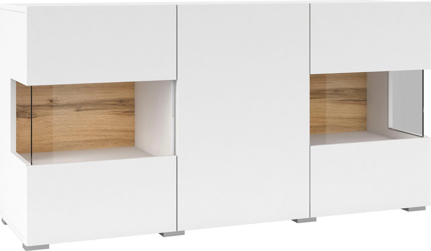 INOSIGN Dressoir Ava, breedte 120 cm, hangend en staand te monteren moderne grepless commode, buffet, 3 deuren, hoekverglasingen