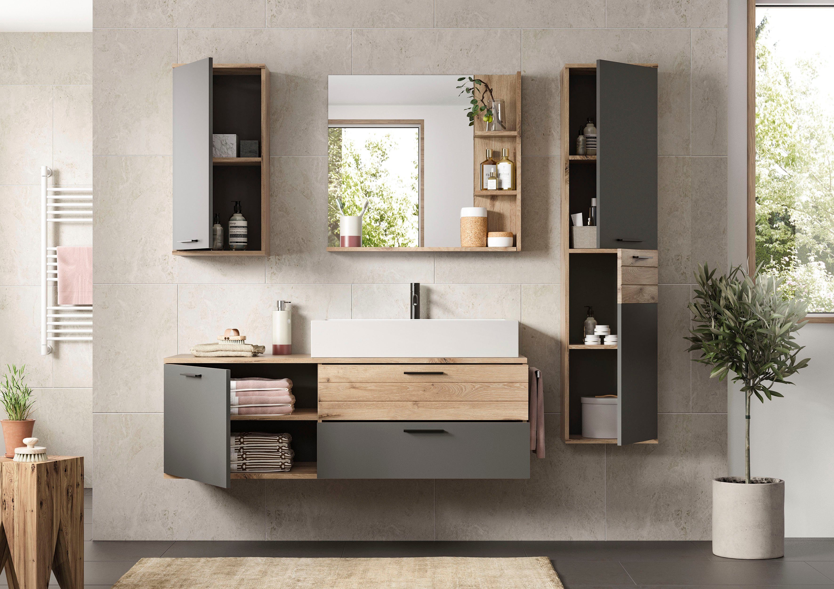 INOSIGN Badkamerserie Riga, 4-delig, inclusief keramisch opzetwastafel, bestaande uit: (set, 4-delig)