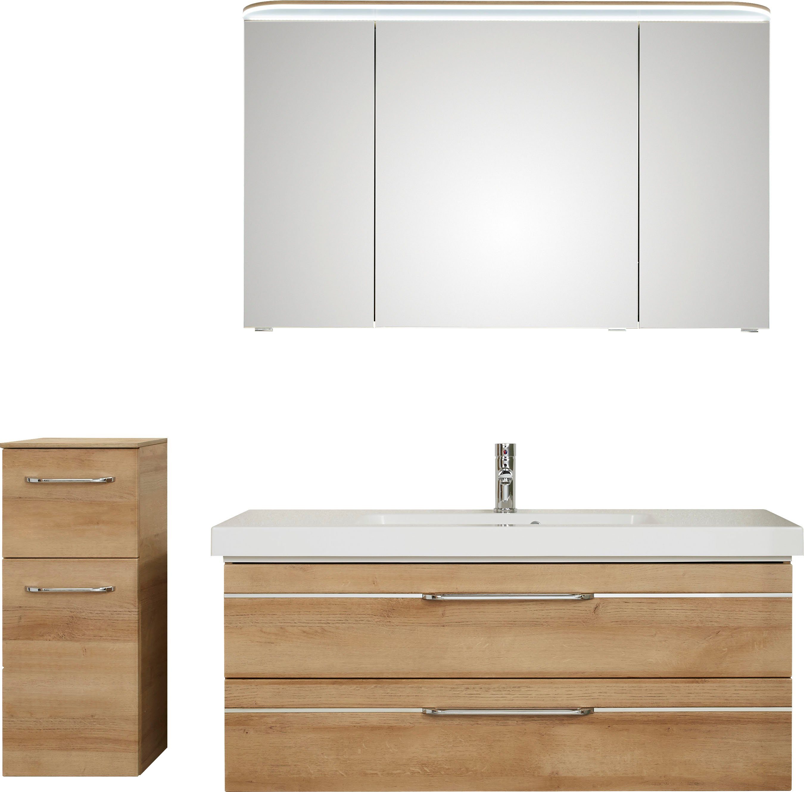 Saphir Badkamerserie Balto sprint 3-delig, mineraalmarmeren wastafel met led-spiegelkast (4-delig) badmeubelsets bruin