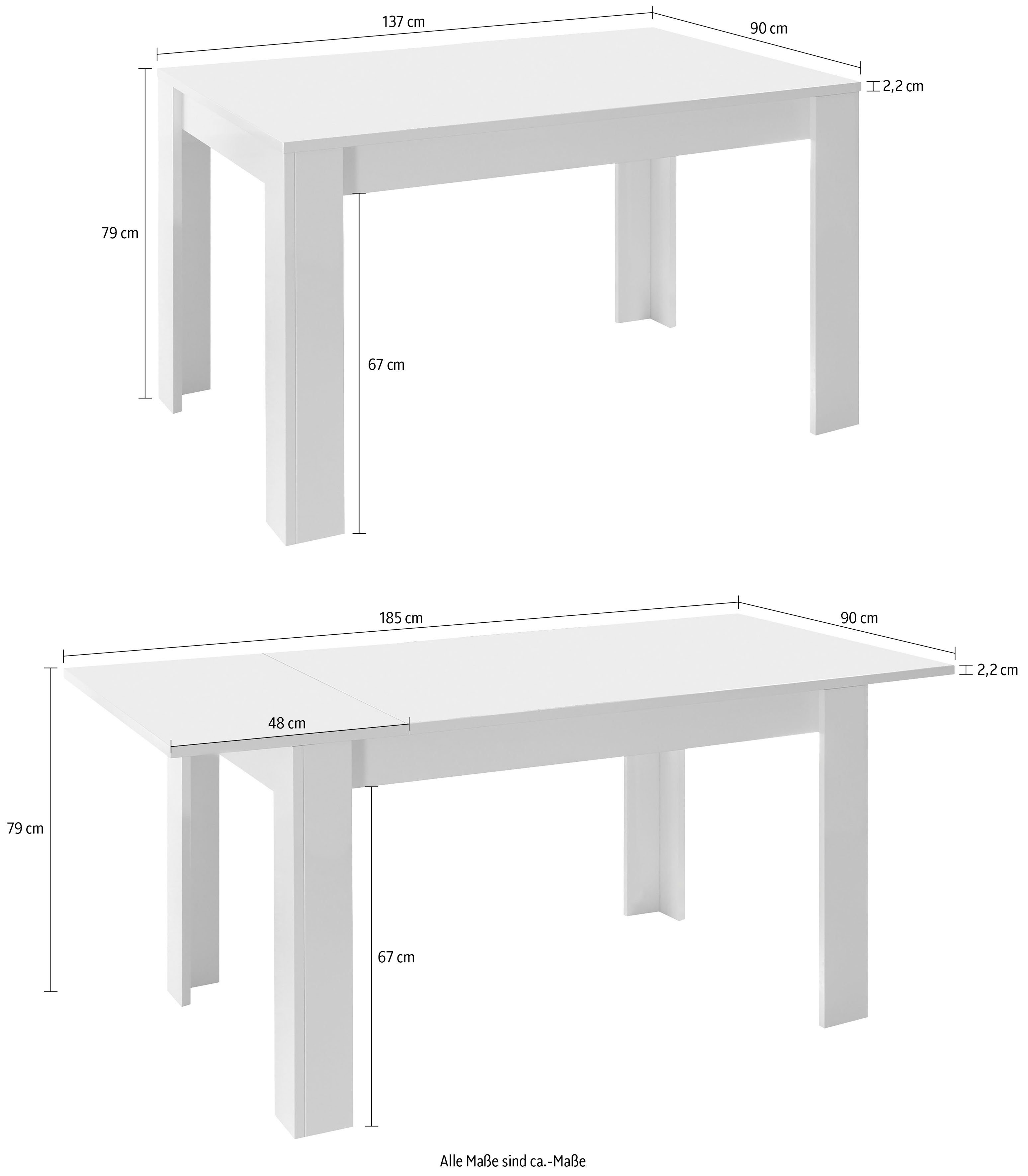 INOSIGN Eettafel Basis 137x90x79 cm (BxDxH), eettafel wit hoogglans lak, moderne rechthoekige keukentafel, uitschuifbaar, uitbreidbaar tot 185 cm