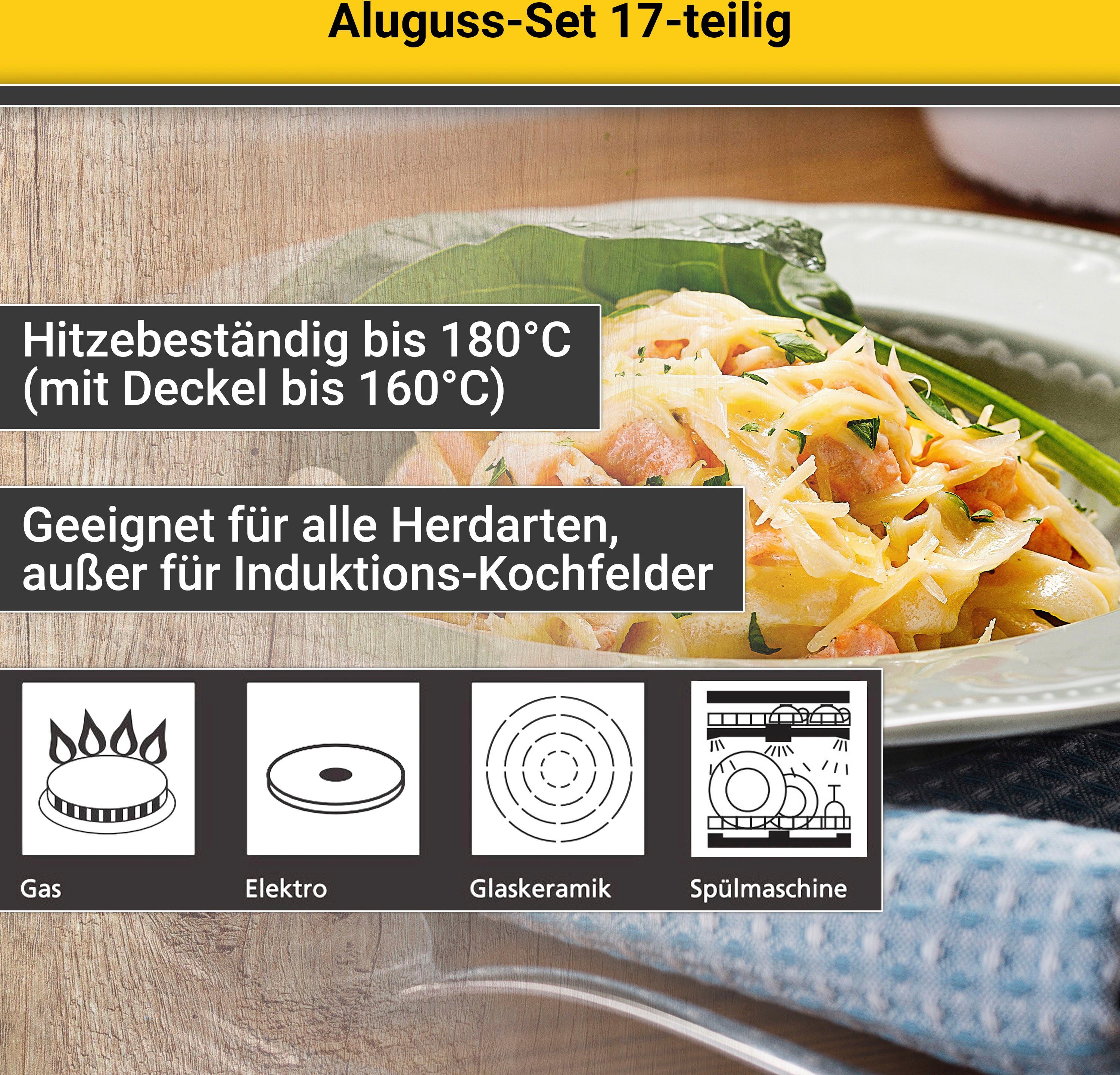Krüger Pannenset Aluminium pot- en pan-set inclusief praktische keukenhulpmiddelen, 17-delig. (set)