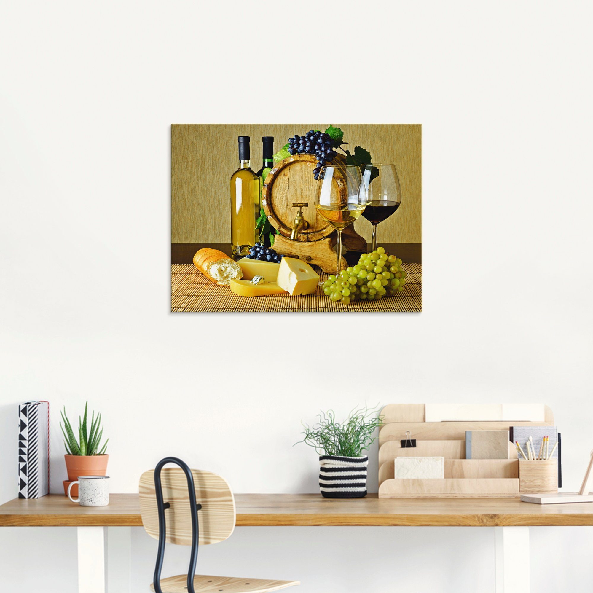 Artland Print op glas Kaas, wijn en druiven in verschillende maten