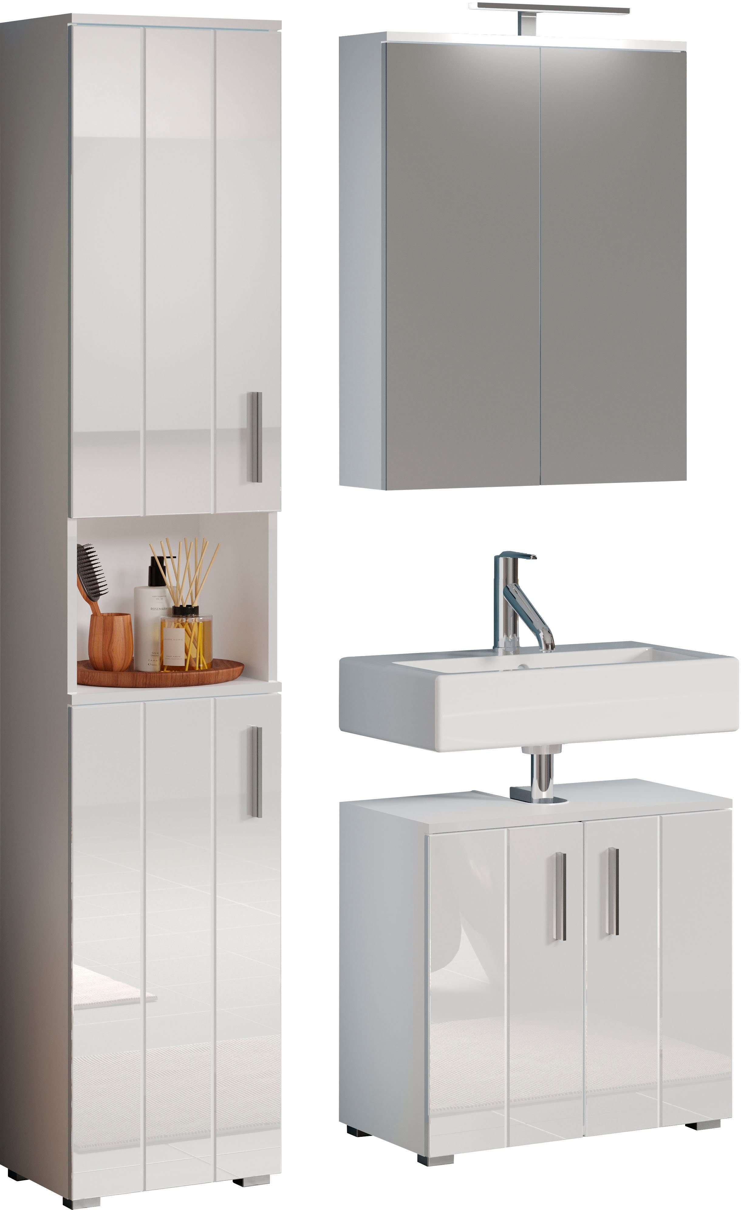 welltime Badkamerset Praag Hoge kast, wastafel en spiegelkast met verticale frezingen (set, 3 stuks) badmeubelsets wit
