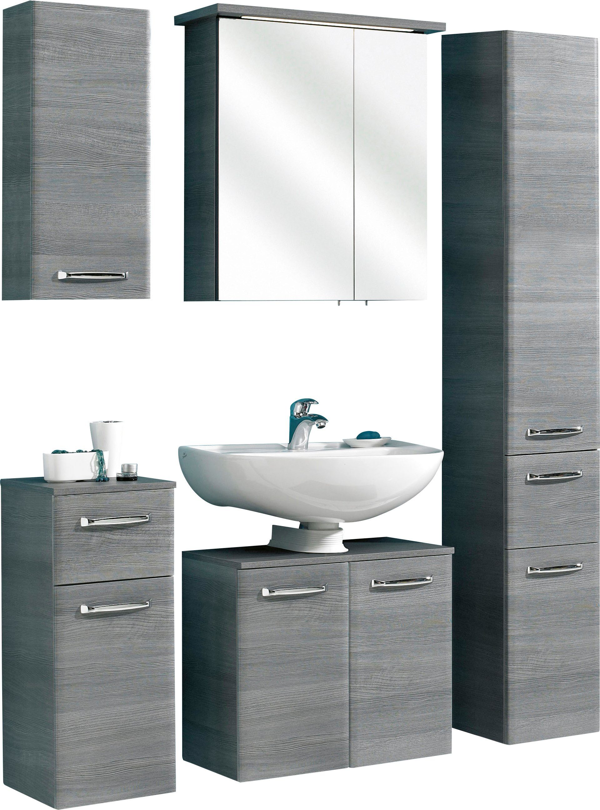 Saphir Badkamerserie Quickset 328 5-delig, wastafelonderkast met LED-spiegelkast Badkamer set incl. deurdempers, badkast, zonder wastafel, 8 deuren (5-delig)